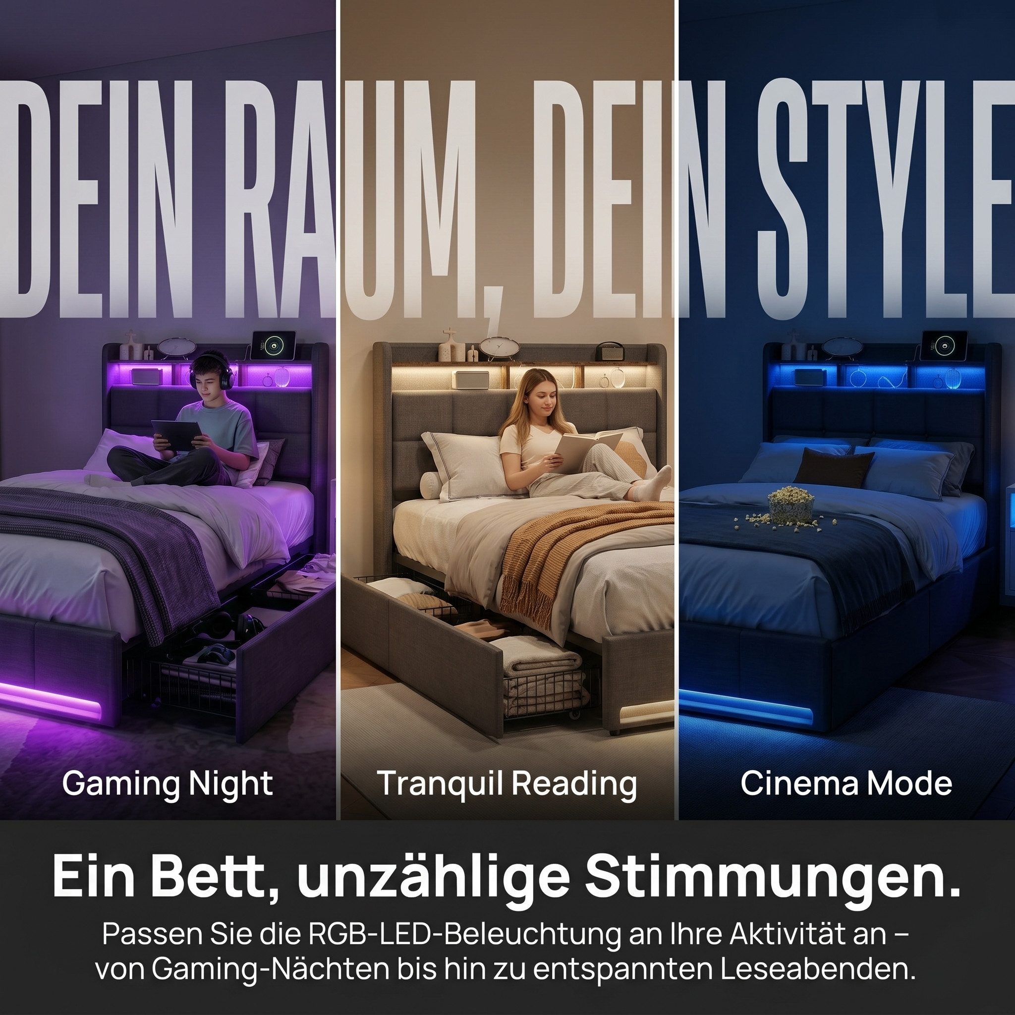 PXloue Polsterbett LED Doppelbett Stauraumbett, mit USB-Laden und Stauraum am Kopfteil,Leinen,90x200 cm – Bild 2 von 5