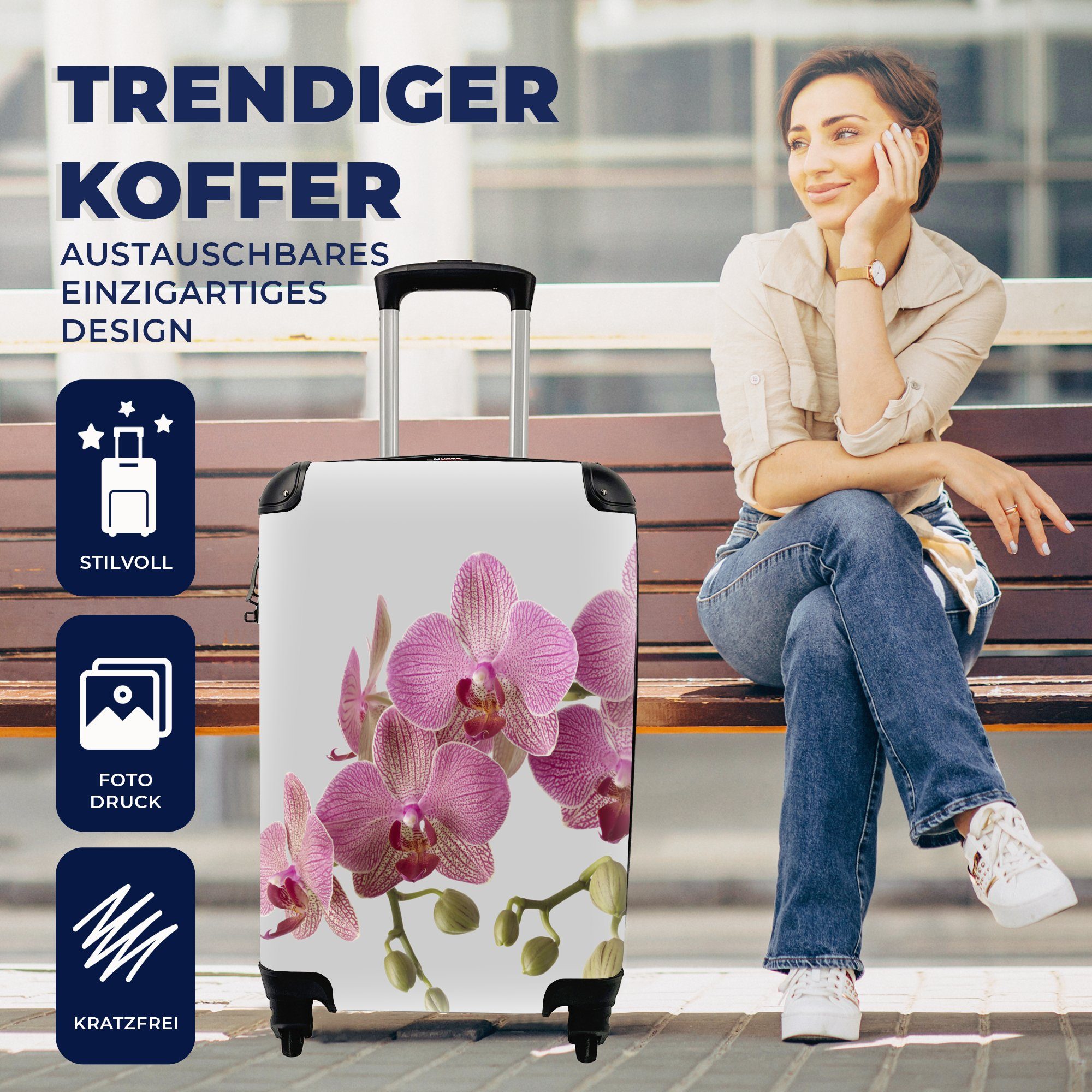 Reisekoffer für Reisetasche Orchideen 4 grauem Handgepäckkoffer rollen, Hintergrund, MuchoWow mit Rollen, Trolley, Handgepäck auf Ferien,