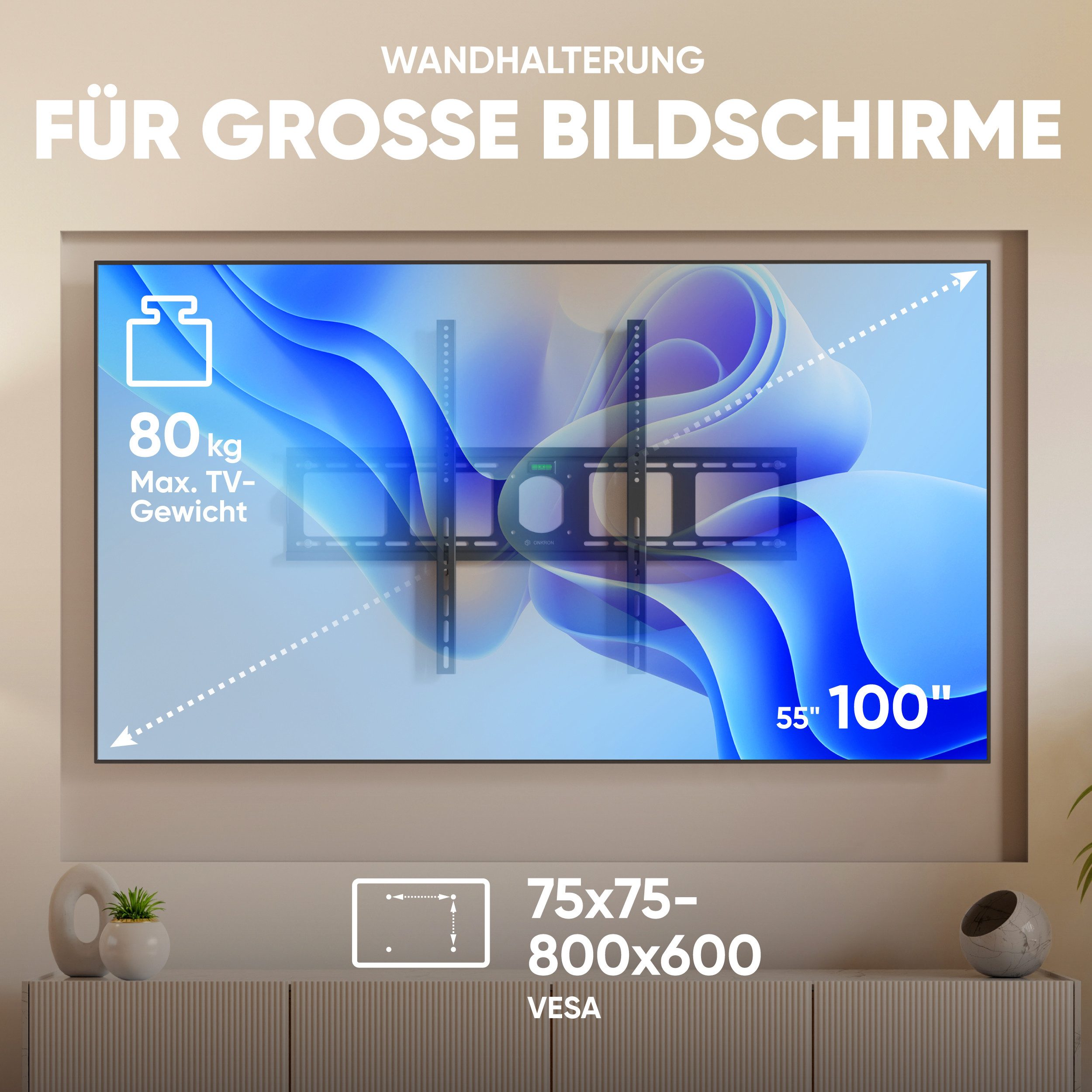 ONKRON TV-Wandhalterung 55-100 Zoll, bis 80 kg, VESA 75x75-800x600, UF4-B, (bis 100,00 Zoll, fest, flach, ultra slim, integrierte Wasserwaage) – Bild 2 von 5