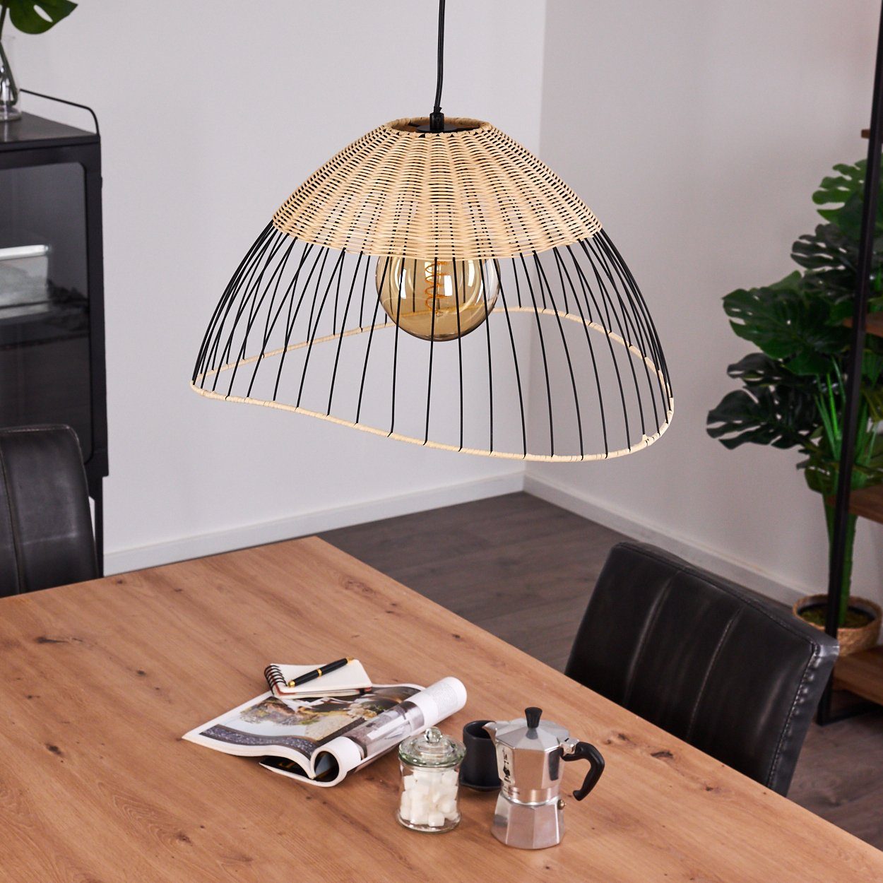 Hofstein Holz-Pendellampe Schwarz – Vintage, 4-6 Lichter, Für Wohn- & Esszimmer!