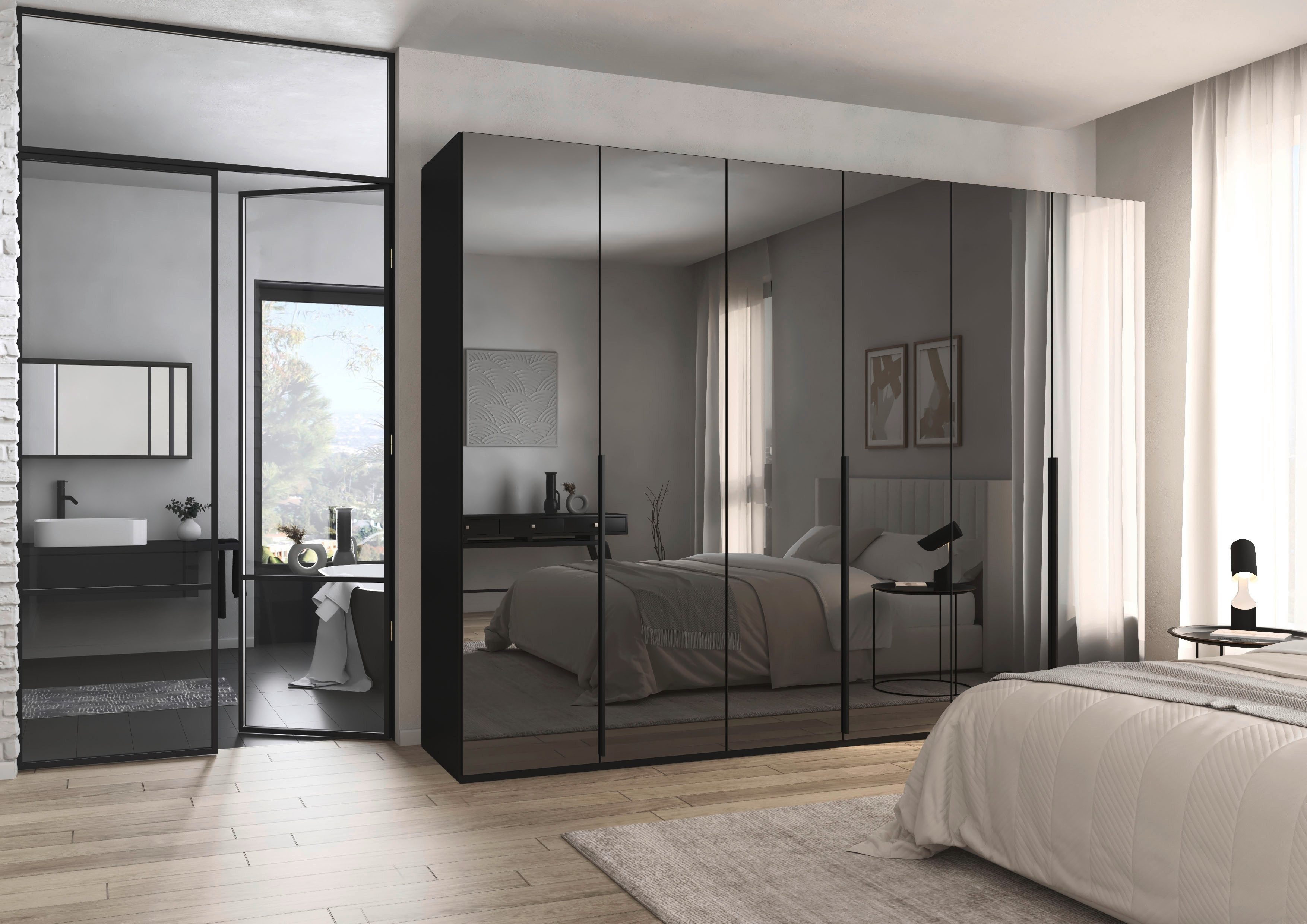 rauch Drehtürenschrank Kleiderschrank Schrank Garderobe Wäscheschrank BESTSELLER MONTCLAR (3 Ausstattungen BASIC/CLASSIC/PREMIUM (SOFT-CLOSE), Breiten 201-400 cm) Front in Glas/Hochglanz/Dekor/Grauspiegel in 5 Breiten MADE IN GERMANY