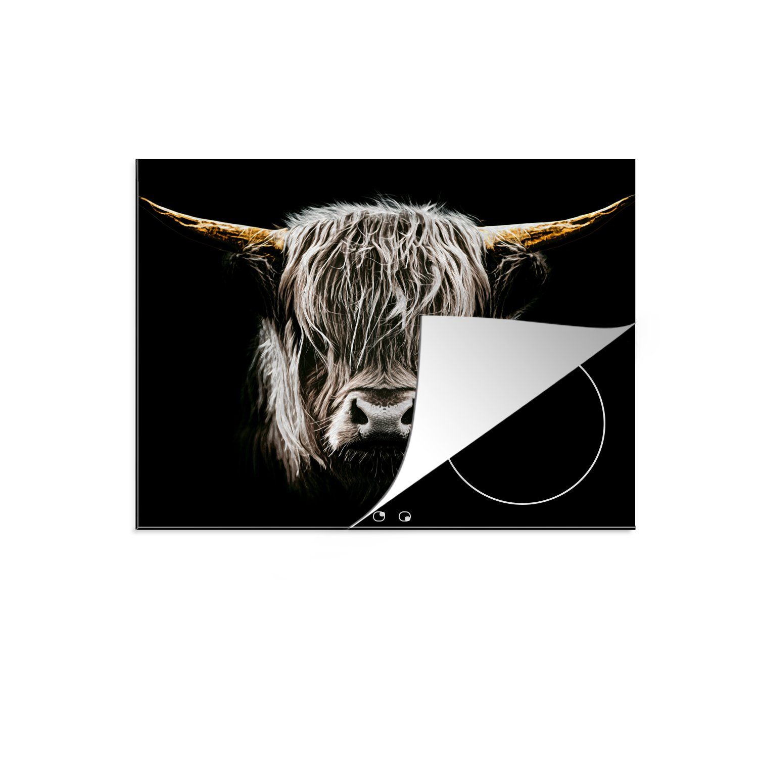 (1 - tlg), Highlander Schwarz Hochländrind - - -, Ceranfeldabdeckung Kuh weiß - nutzbar, Schottischer Schottisches - cm, 60x52 Vinyl, Gold Gold und MuchoWow Mobile Hörner Arbeitsfläche Herdblende-/Abdeckplatte
