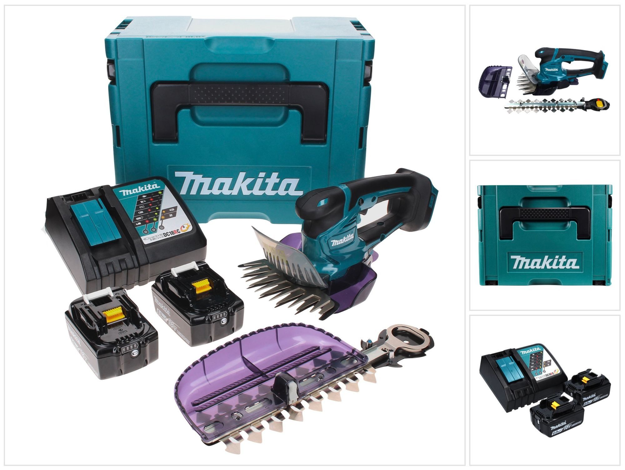 Makita Akku-Grasschere DUM 604 RGXJ 18 V mit Gras- und Strauchscherblatt + 2x Akku 6,0 Ah