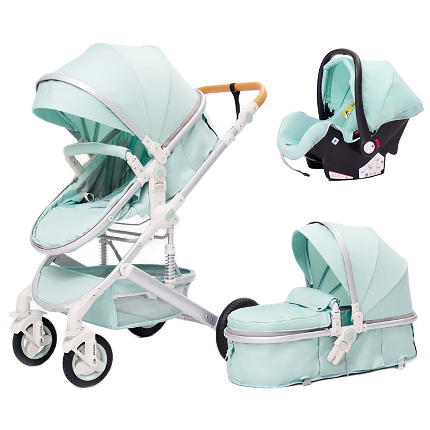 TPFLiving Kombi-Kinderwagen Baby Buggy Babyschale Babywanne 5-Punkt-Sicherheitsgurt Getränkehalter, Sicherheitsschlaufe Kinderwagen 3 in 1 mit Stoßfederung- Hellgrün