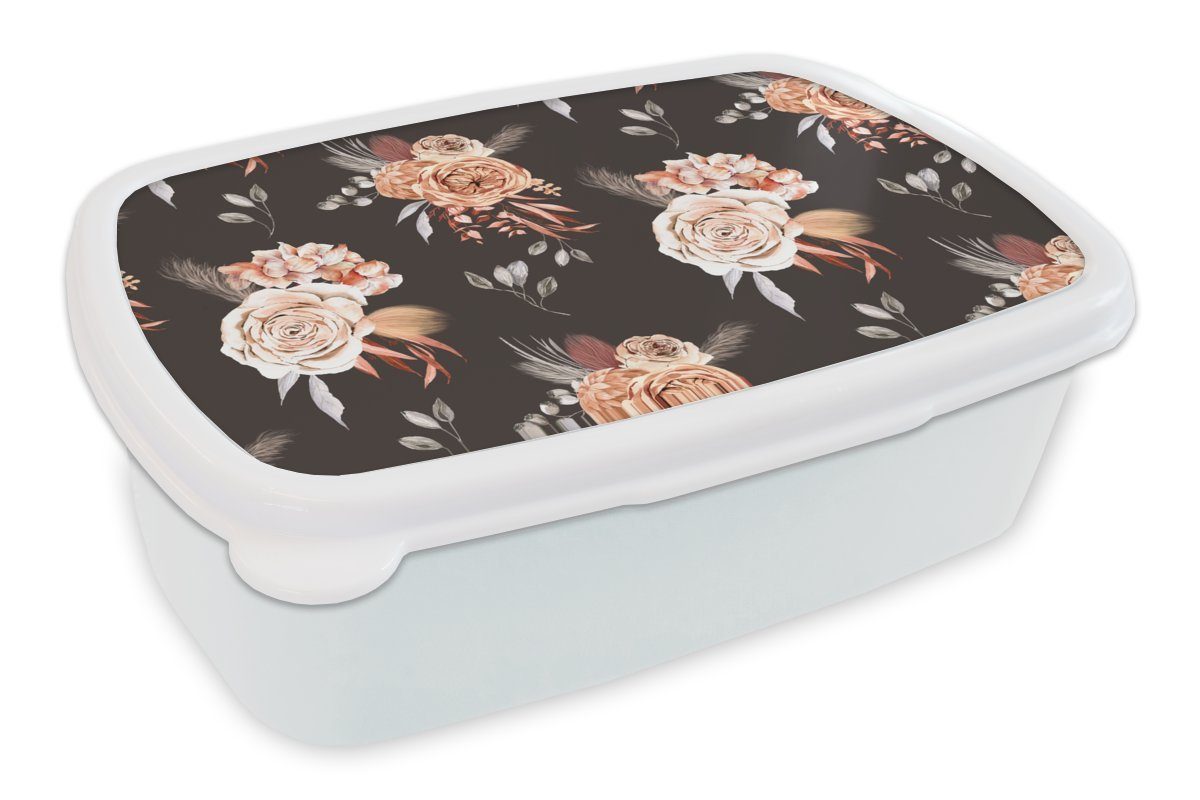 MuchoWow Lunchbox Blumen - Blätter - Natur, Kunststoff, (2-tlg), Brotbox für Kinder und Erwachsene, Brotdose, für Jungs und Mädchen weiß