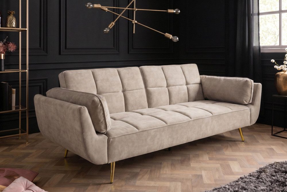 riess-ambiente Schlafsofa BOUTIQUE 215cm champagner beige/gold - Samt, Bettfunktion, 3-Sitzer, Einzelartikel 1 Teile, Nosagfederung und goldene Füße – ideal für Wohnzimmer & Gästezimmer