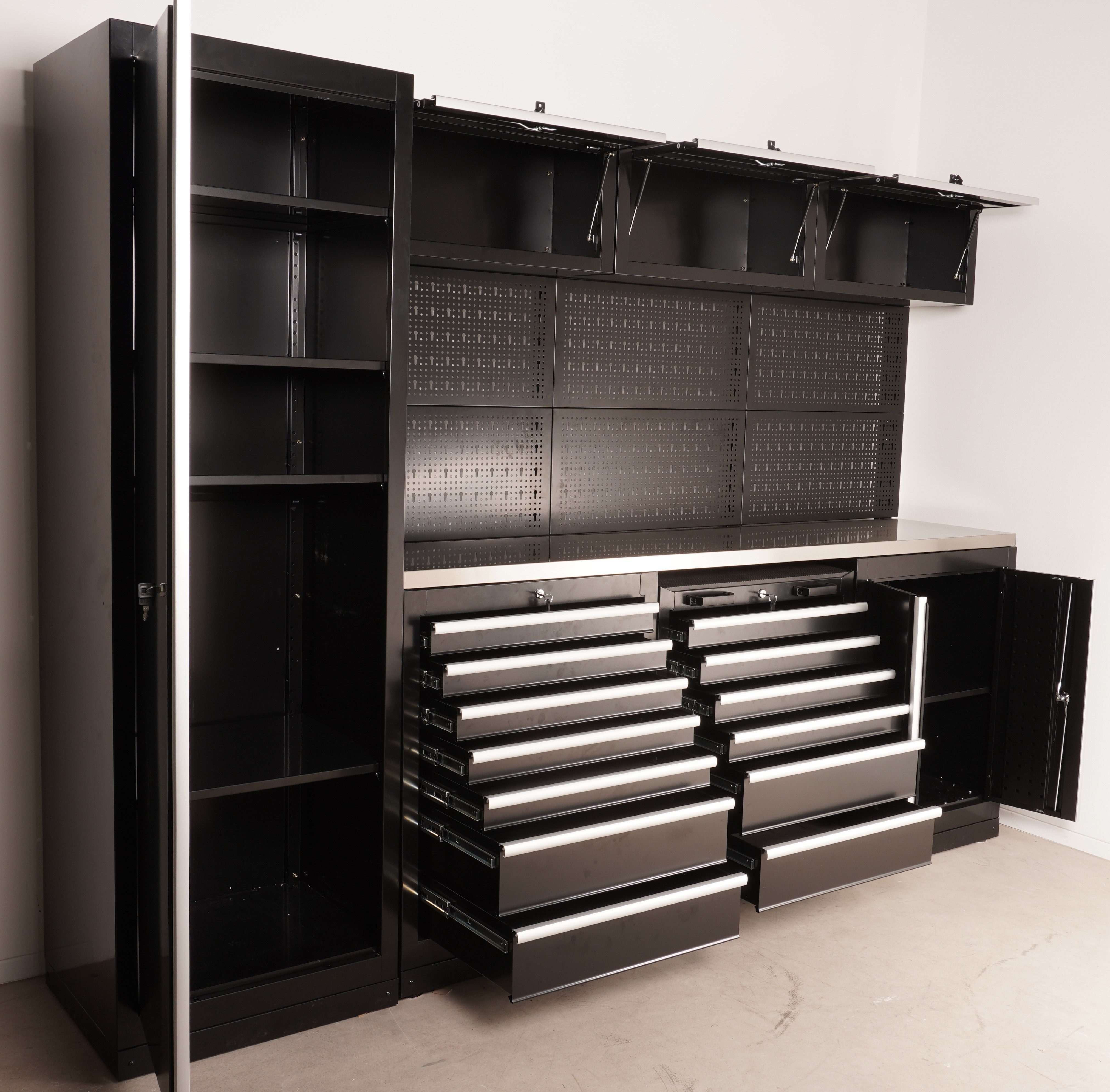 ONDIS24 Werkstatt-Set XL Komplett Set 260 / 264 cm Männerküche Werkstattrichtung modular, (10-tlg), mit Edelstahlarbeitsplatte, Werkzeugschränke, Werkbank mit Schubladen