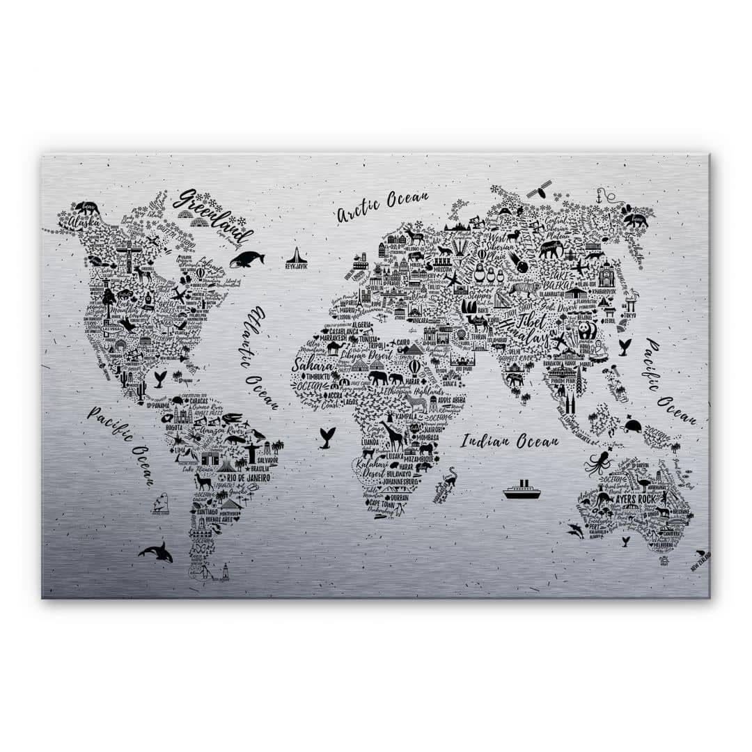 ist im Angebot! K&L Wall Art Gemälde Metall Weltkarte Wohnzimmer Waldtiere, Silber beschriftet Weltreise Fische Landkarte Ozean