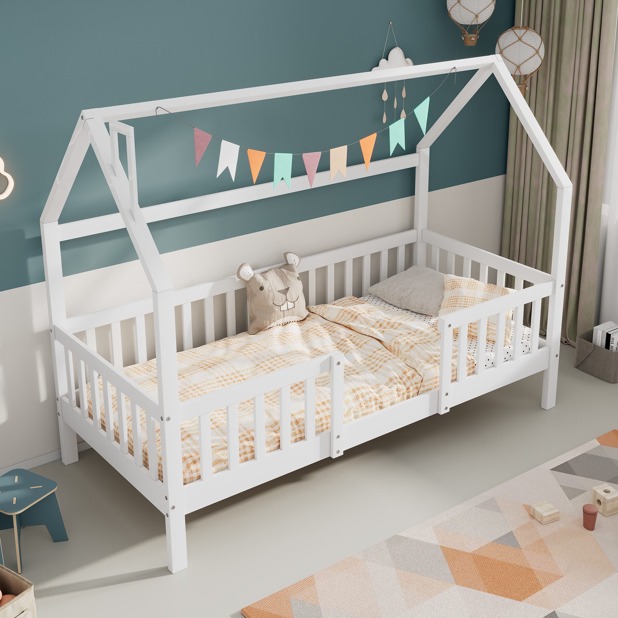STILVORA Kinderbett 90x200 Hausbett mit Schornstein,Bettgestell aus Kiefern günstig online kaufen