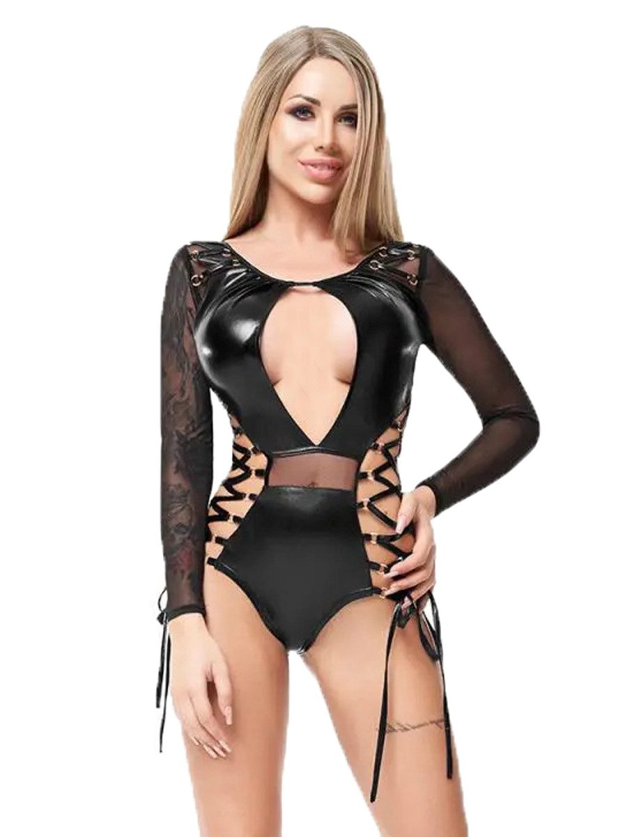 Stringbody Schwarzer Damen Dessous Wetlook Body langarm mit Netzmaterial, Schnüru