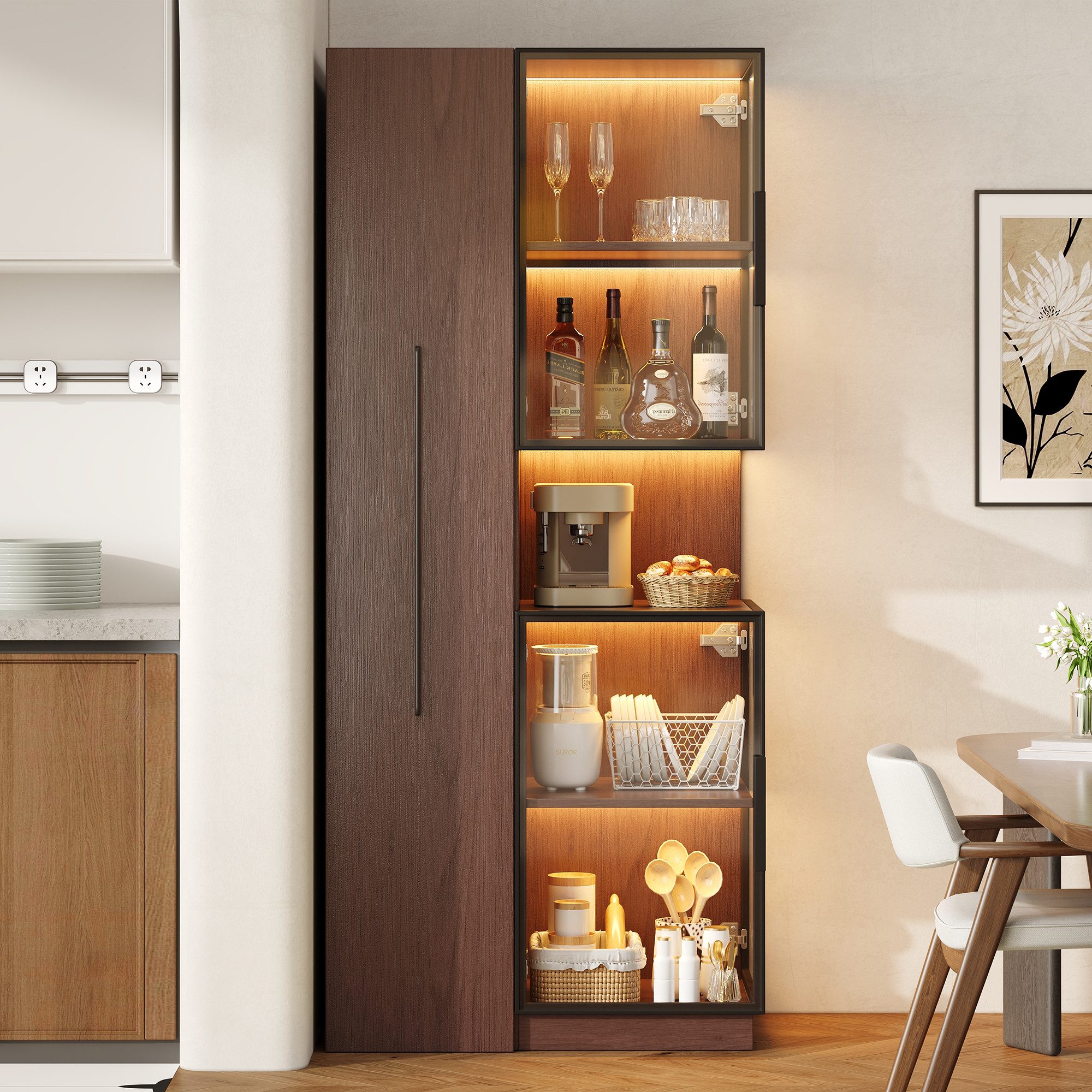 Flieks Glasvitrine Eckschrank Hochschrank mit LED-Beleuchtung, Ausziehregal, Glastüren (1-St., 70×38×160 cm) multifunktional Mehrzweckschrank Standvitrine Walnussholzfarbe