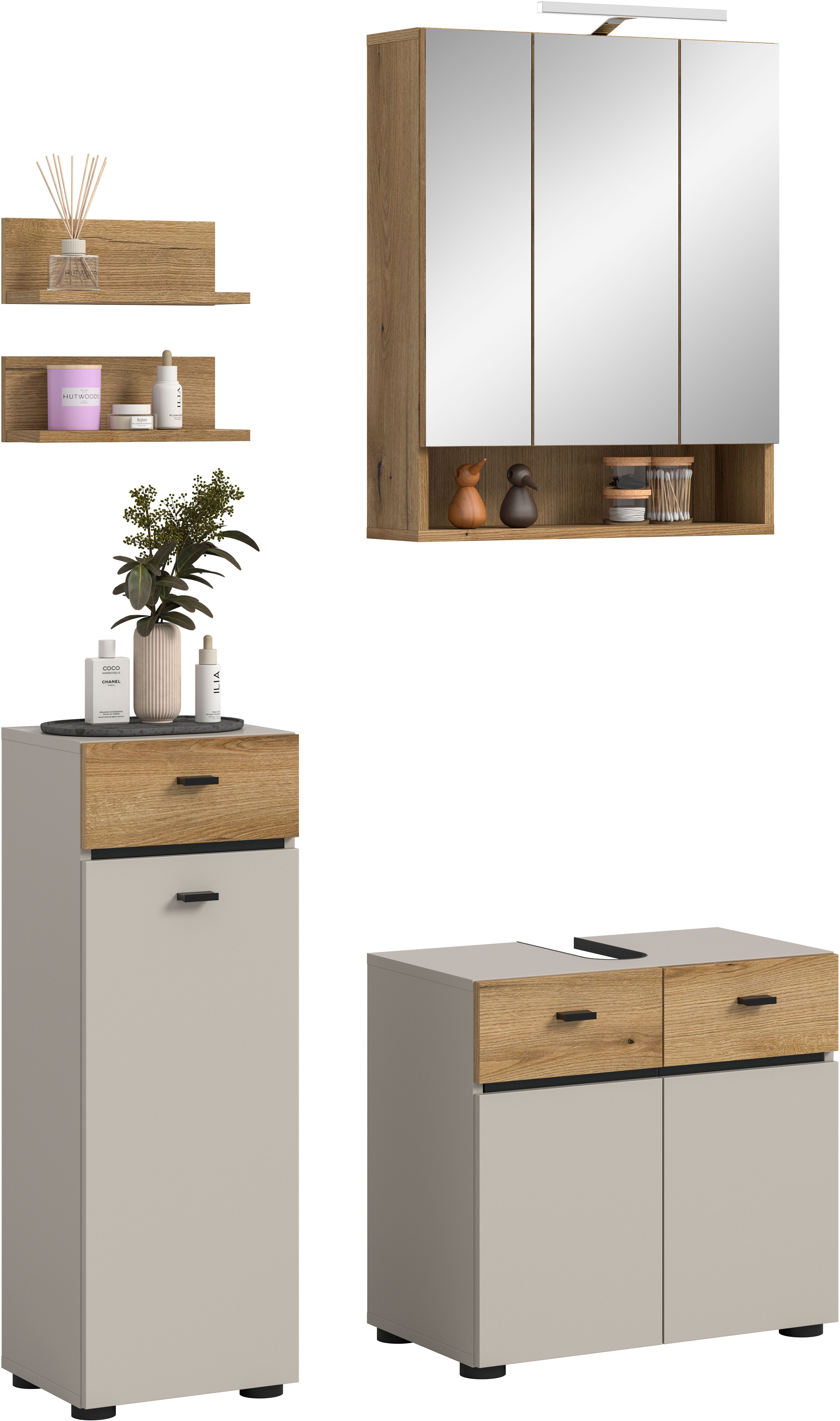 welltime Badmöbel-Set VANN, 5-teilige moderne Badkombination, inkl. Beleuchtung, (5-St., Midischrank, 2er Set Wandregal, Waschbeckenunterschrank,Spiegelschrank), Bad-Kombination, Bad-Möbel, Badezimmer, Kombination, Kombi, Bad-Set