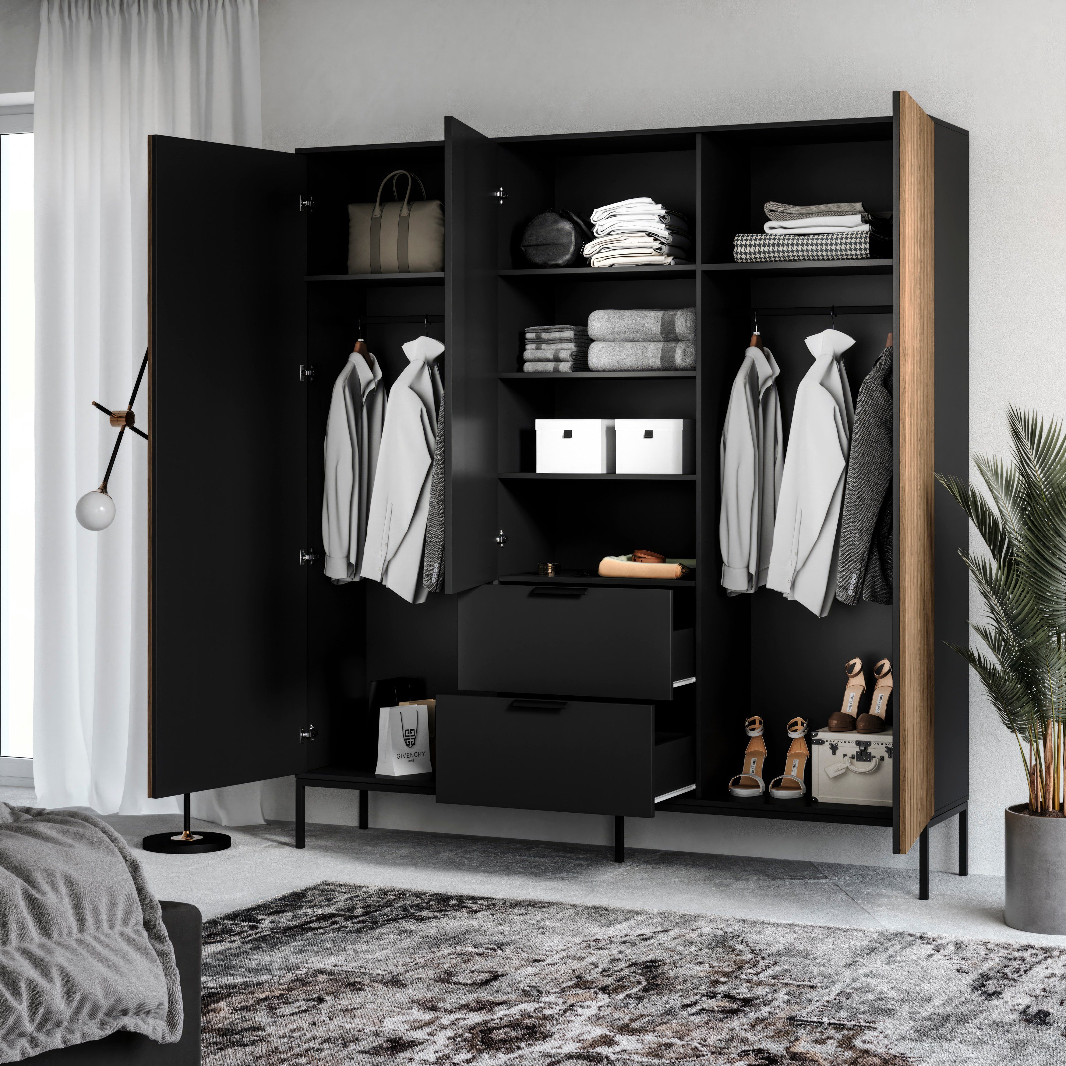 MOEBLO Drehtürenschrank Schrank Meteor 185 (Kleiderschrank Drehtürenschrank mit Schubladen Falttürenschrank 2-türig Schrank mit Einlegeböden und Kleiderstange Garderobe Schrank Schlafzimmer, artisan / schwarz) (HxTxB):200x60x185 cm