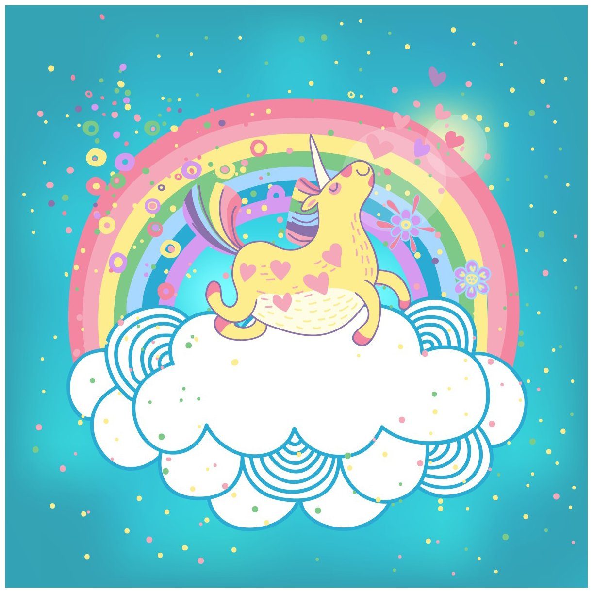 Wallario Acrylglasbild, Lustiges Einhorn auf einer Wolke vor Regenbogen, in verschiedenen Ausführungen