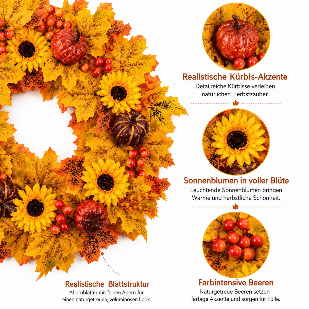Sorvyzxn Dekokranz Herbstkranz 48 cm, Türkranz mit Ahornblättern für Halloween, Mit Sonnenblumen, Kürbissen & Beeren für Herbst- und Halloween Deko – Bild 3 von 5