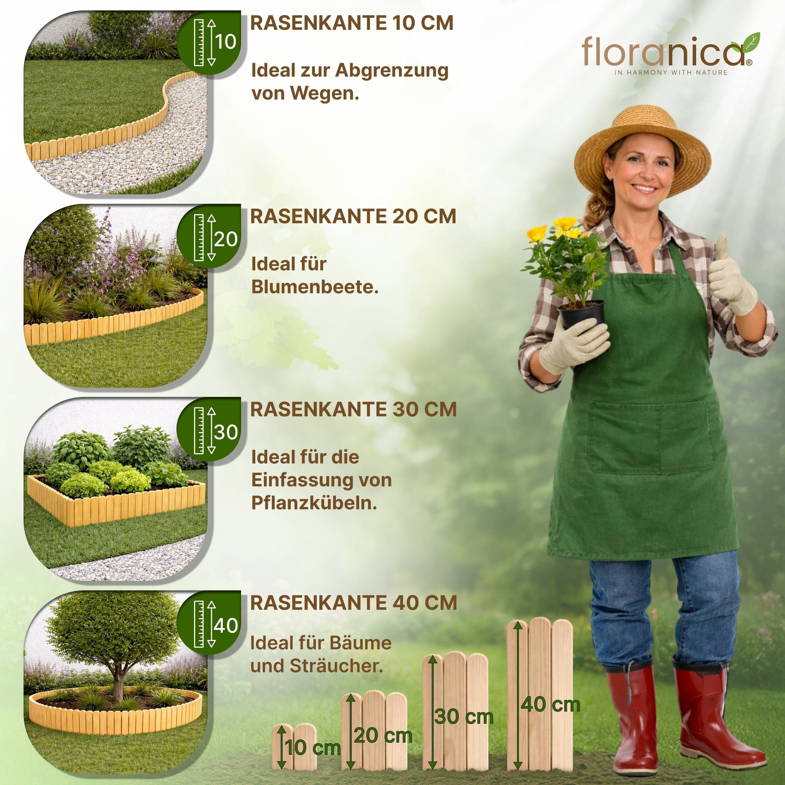 Floranica Palisade Rasenkante Holz Flexible Beeteinfassung Rollborder Gartenzaun, LxH: 200x20 cm, Hellbraun, Umzäunung für Garten Blumenbeeten Gemüsebeeten Rosen