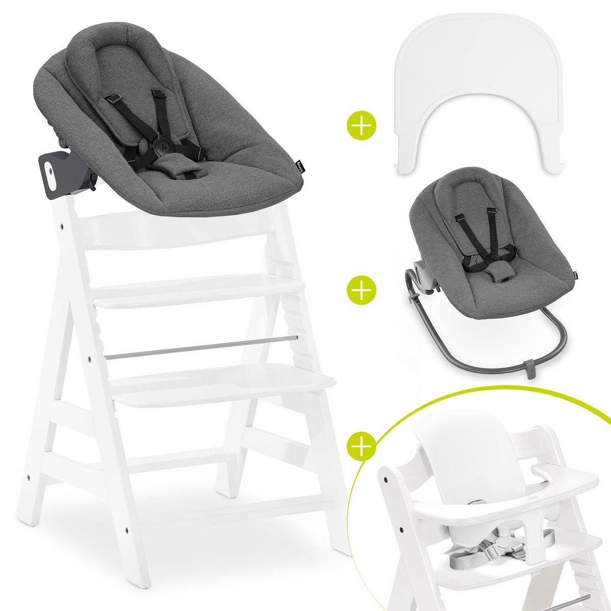 Hauck Hochstuhl Alpha Plus Newborn Set Premium - Dark Grey - White, Holz Babystuhl ab Geburt mit Neugeborenenaufsatz, Essbrett & Baby Seat