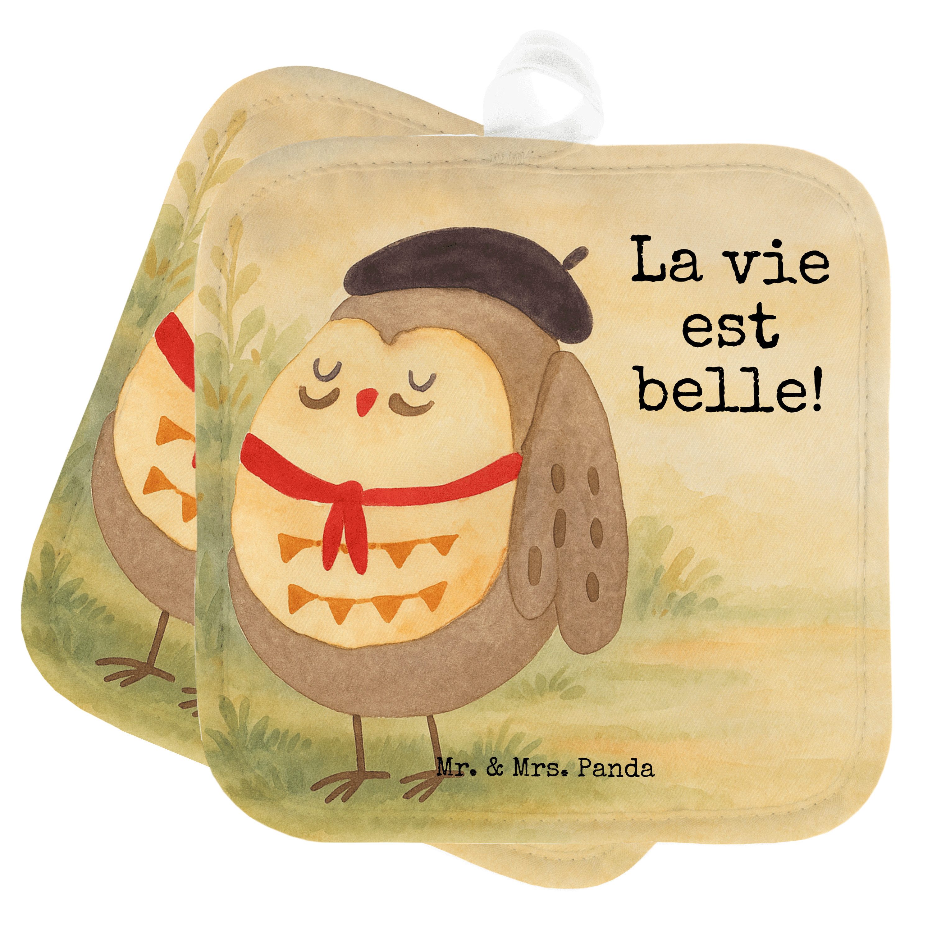 Mr. & Mrs. Panda Topflappen Eule Frankreich Design, Topflappen, Weiß, Das Leben Ist schön, Owl, T, (Packung), Französisch Zwei Topflappen Spruch schön