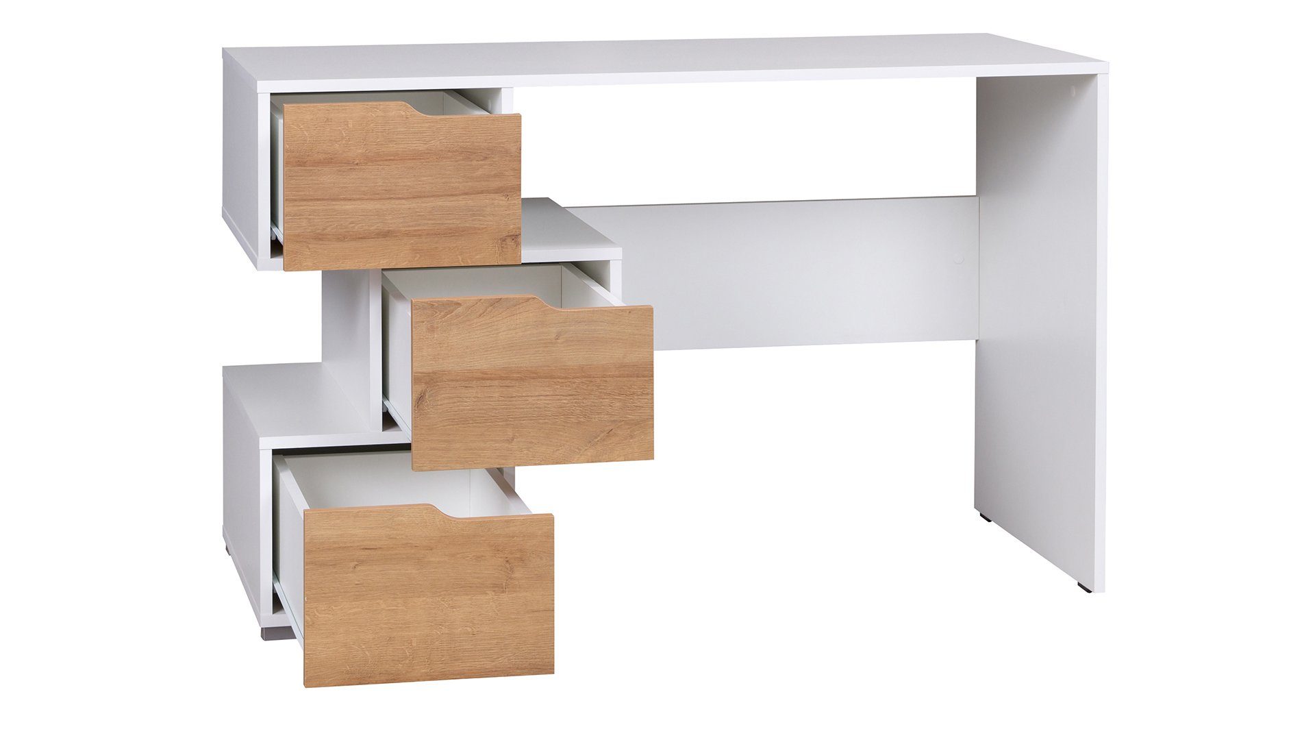 Stylefy Schreibtisch Senza (Computertisch, Bürotisch), mit Schubladen und Fächern, viel Stauraum, Modern Design, variabel stellbar Weiß Matt - Wotan Eiche | Schreibtische