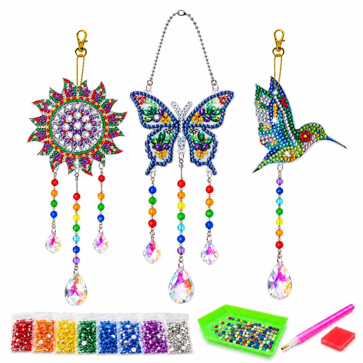 GOLDEN Gemälde Diamond Painting Set: Sonne, Schmetterling & Kolibri, 3 DIY-Anhänger