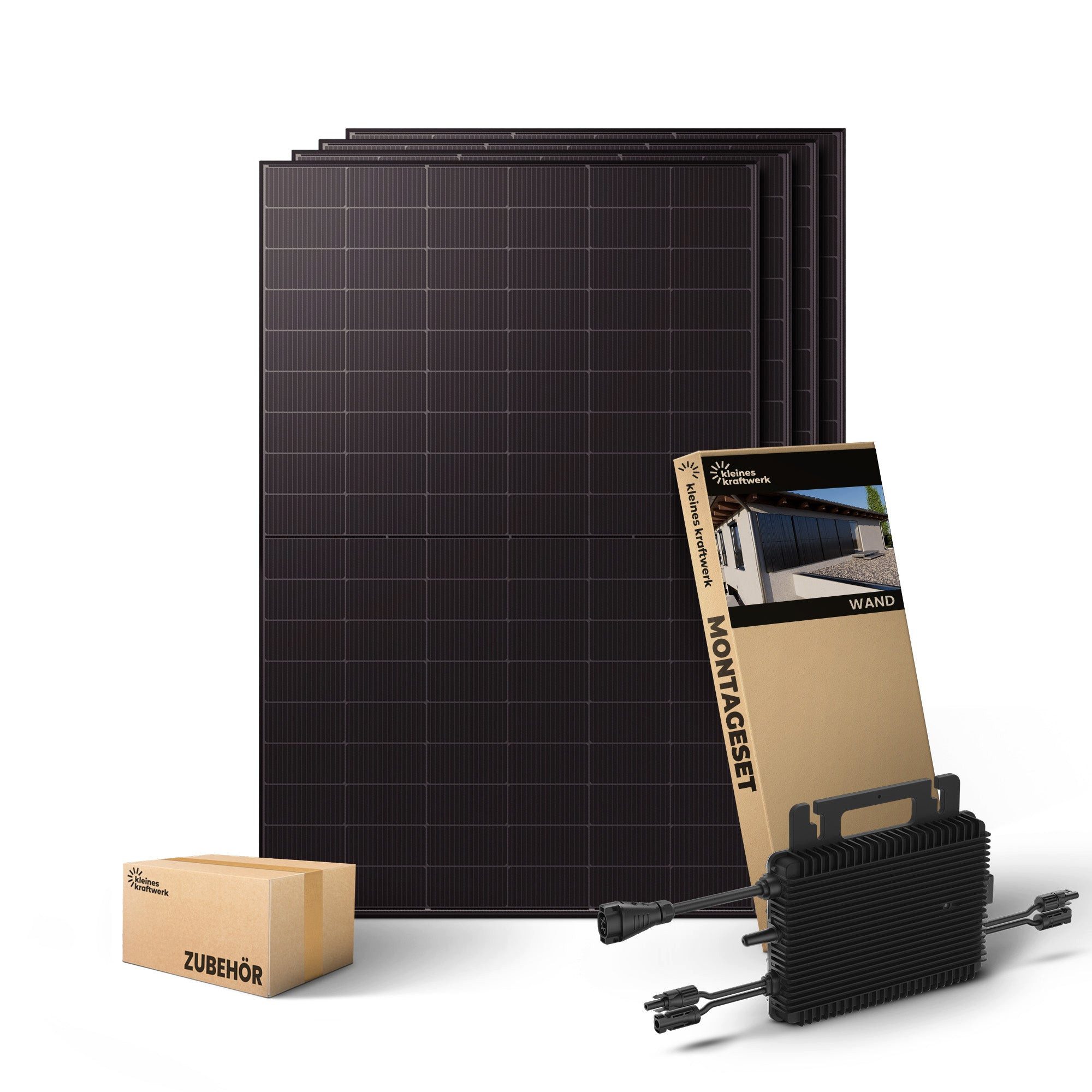 Kleines Kraftwerk Balkonkraftwerk 4 x 500Wp Solarmodule mit Wechselrichter und Zubehör, 2000 W, Monokristallin, (Wand, Solaranlage Komplettset mit Wechselrichter), 4 x 500W, Wechselrichter, Stromanschlusskabel, Solarverlängerungskabel