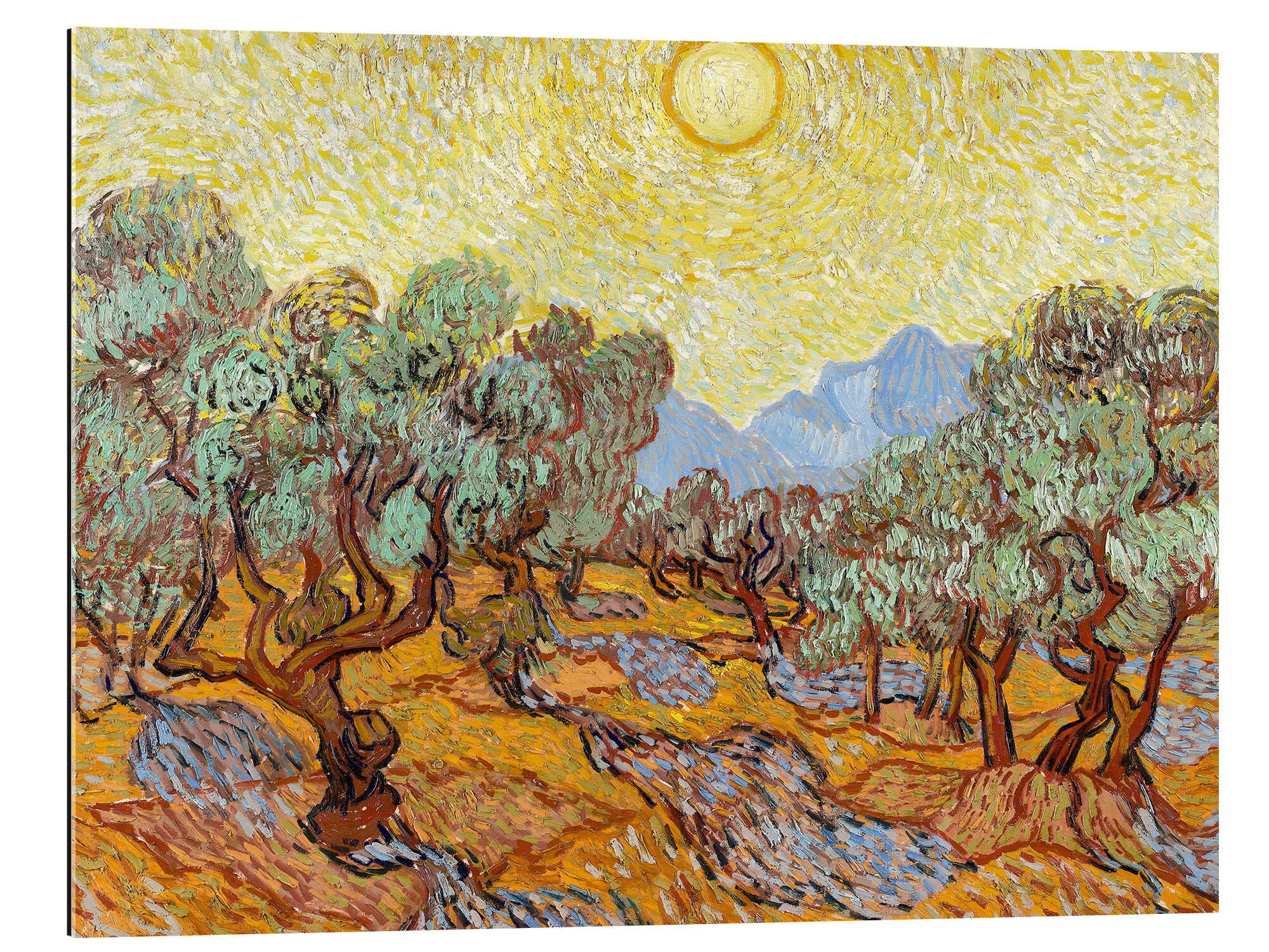Posterlounge XXL-Wandbild Vincent van Gogh, Olivenbäume mit gelbem Himmel und Sonne, Wohnzimmer Mediterran Malerei