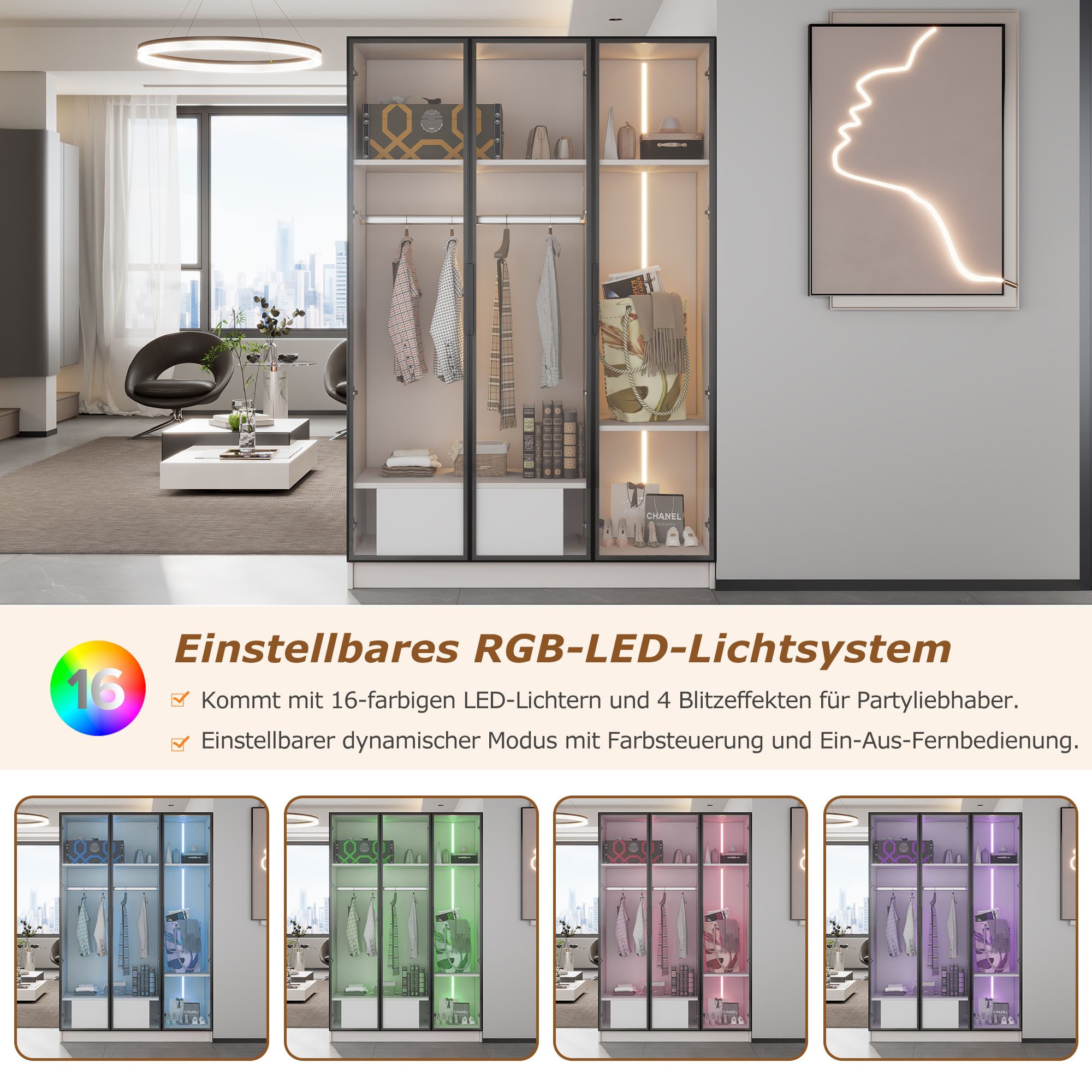 Merax Kleiderschrank Hochschrank, Vitrine mit Glastüren und LED,Drehtürenschrank,Wäscheschrank,Garderobe