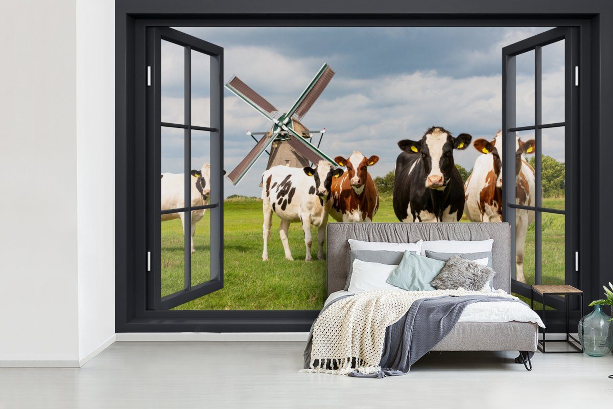 MuchoWow Fototapete Aussicht Grün, Schlafzimmer, Wallpaper Vinyl Matt, Kinderzimmer, (6 - Wohnzimmer, - - bedruckt, Wiese Mühle - St), - - Tapete Kühe Kuh Gras für