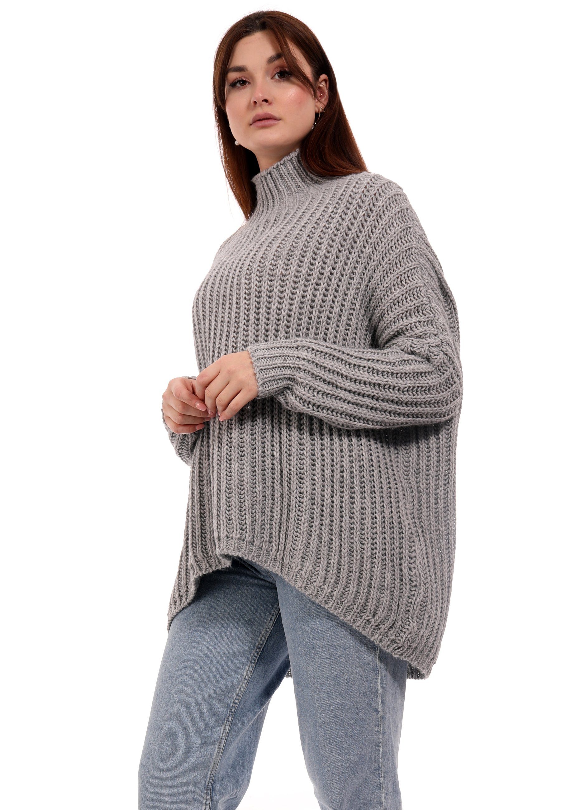 Style Sweater One Oversized Longpullover Vokuhila grau & YC (1-tlg) Grobstrick Pullover Fashion casual Size