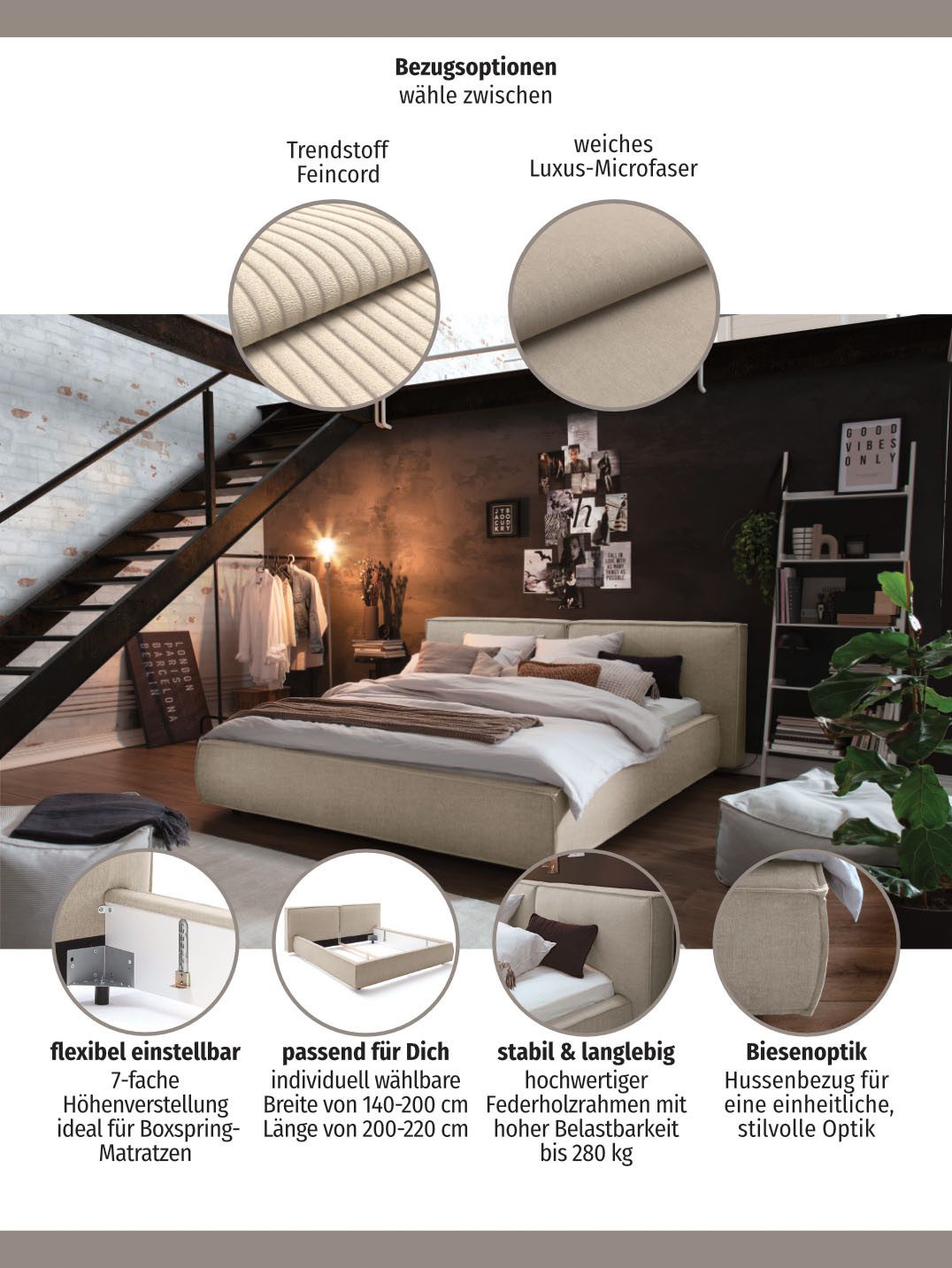 Home affaire Polsterbett Adrina mit Biesenoptik, Feincord und Luxus-Microfaser, bis 280kg, auch in Überlänge 220 cm, 4 Breiten bis 200cm