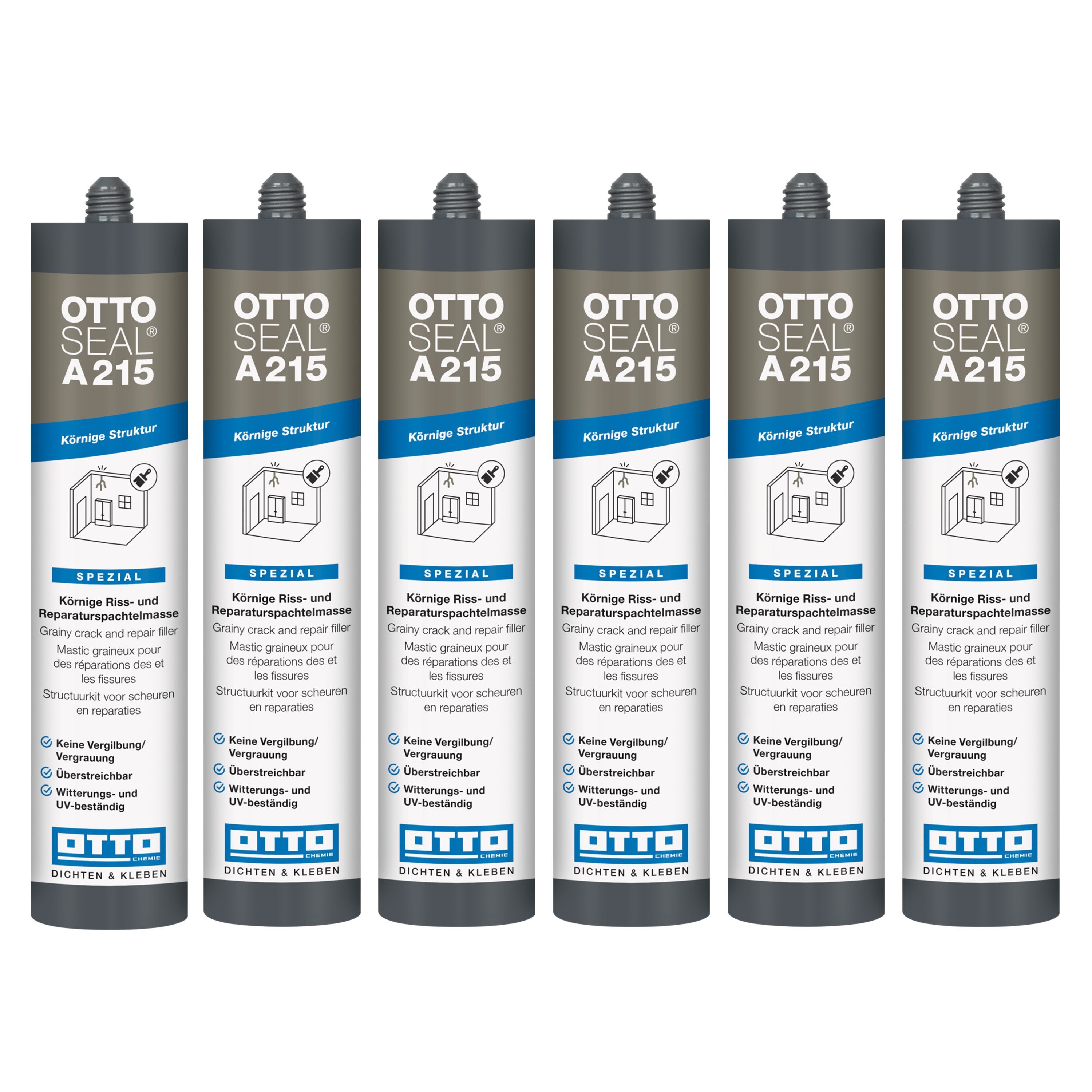 OTTO-Chemie Reparaturmasse OTTOSEAL A215 Premium-Acryl-Dichtstoff C01 weiß mit Struktur, gebrauchsfertig, (6-tlg), Körnige Struktur, Überstreichbar, Gute UV-Beständigkeit