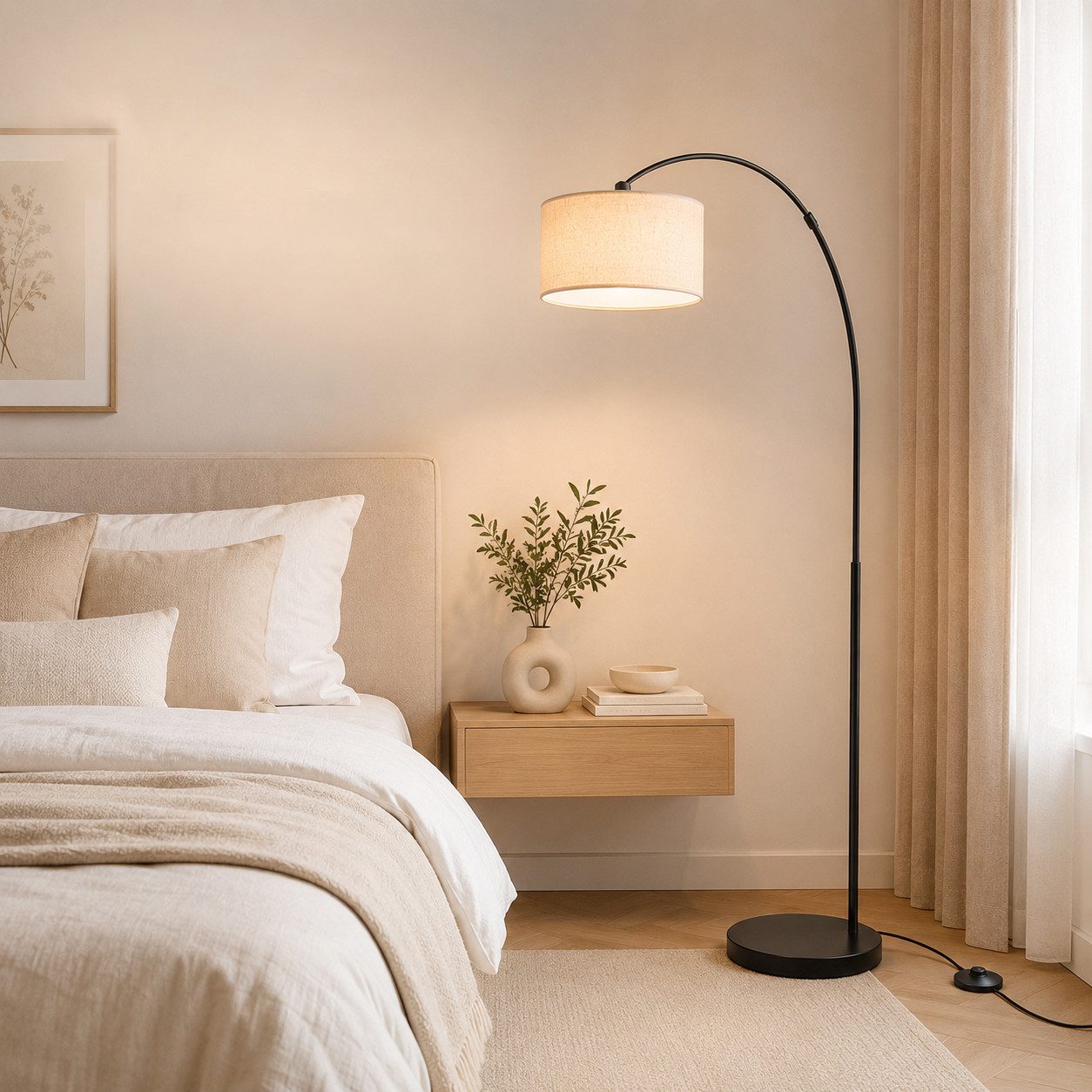 Fyrove Stehlampe Bogenleuchte,Moderne Stehlampe mit Textilschirm Stoff Ø 36cm, Bogenlampen, FuBschalter und Textilkabel, E27(Gluhbirne nicht enthalten) fur wohnzimmer Leselampe Schlafzimmer,Buro Arbeitslampe
