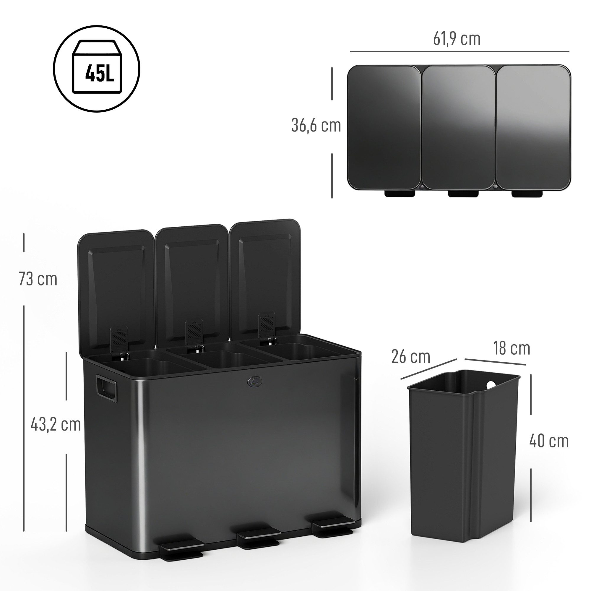 HOMCOM Mülltrennsystem Mülleimer Treteimer 3 Fächer inkl. Inneneimer, 61,9x36,6x43,2cm, Deodorant-Deckel, Edelstahl, Schwarz