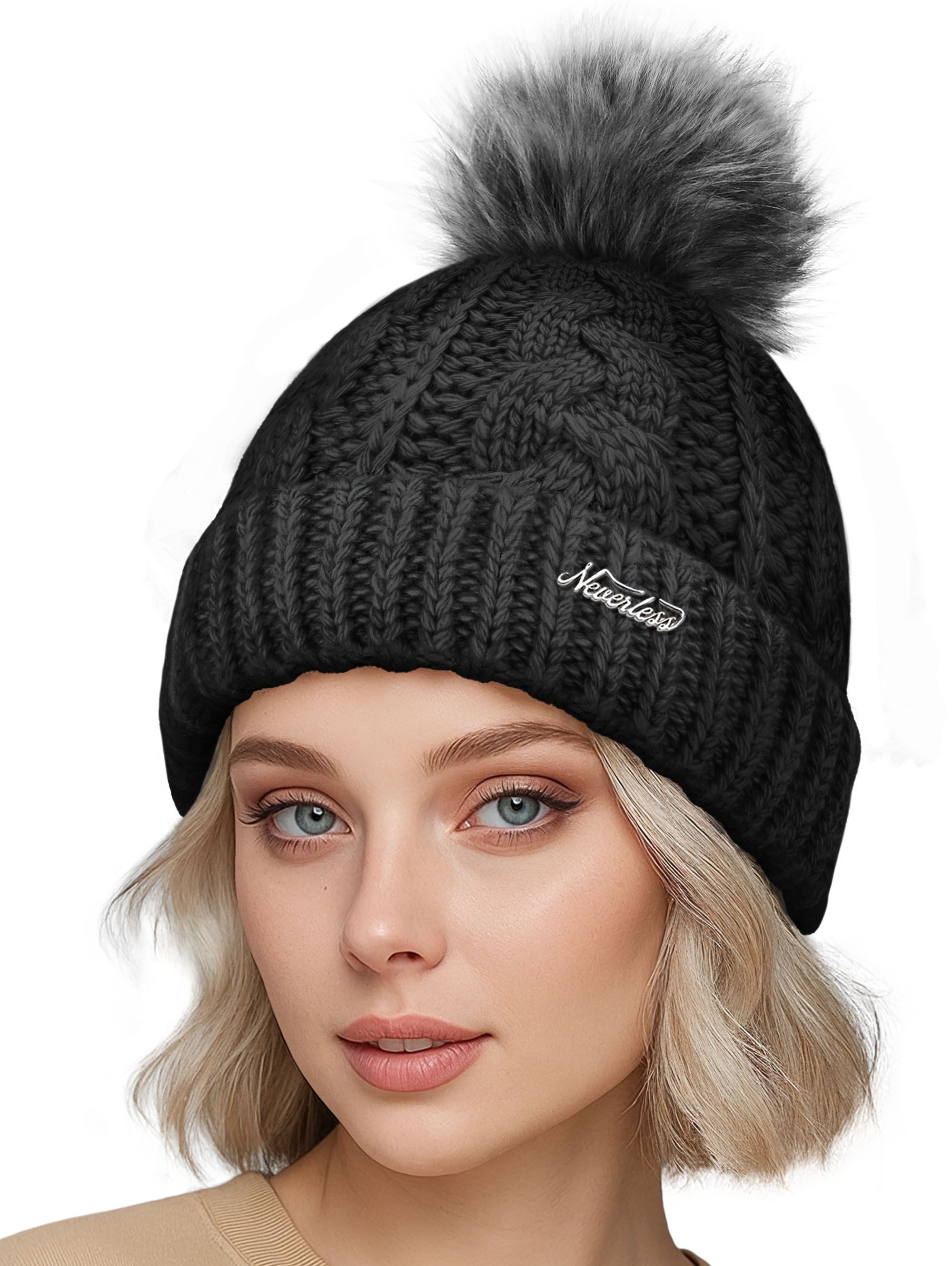 Neverless Bommelmütze Damen Strick-Mütze gefüttert Fell-Bommel günstig online kaufen