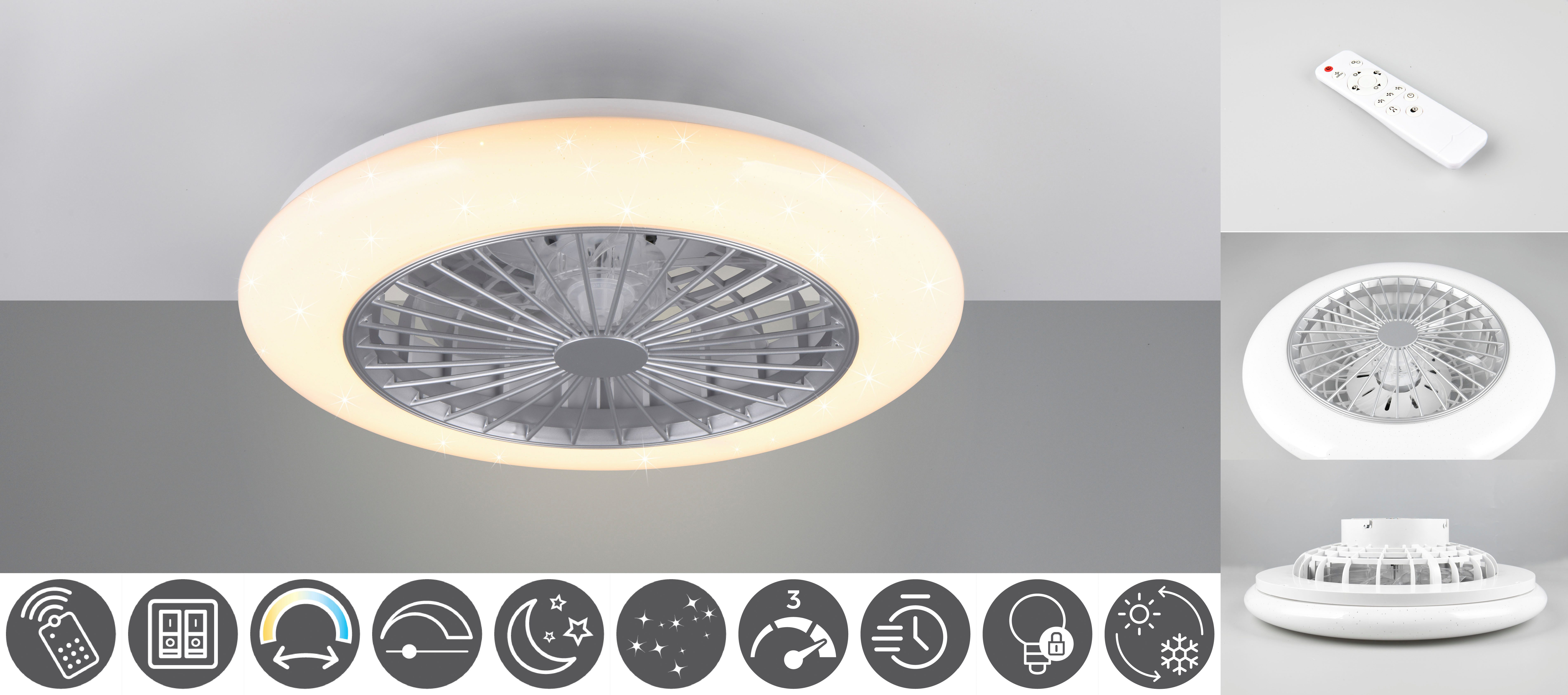 Reality Leuchten LED Deckenleuchte Stralsund Deckenventilator, CCT - über Fernbedienung, Dimmfunktion, Memoryfunktion, Nachtlichtfunktion, Timerfunktion, Ventilatorfunktion, LED fest integriert, warmweiß - kaltweiß, Deckenlampe, Ventilator, Fernbedienung, Ventilator getrennt schaltbar