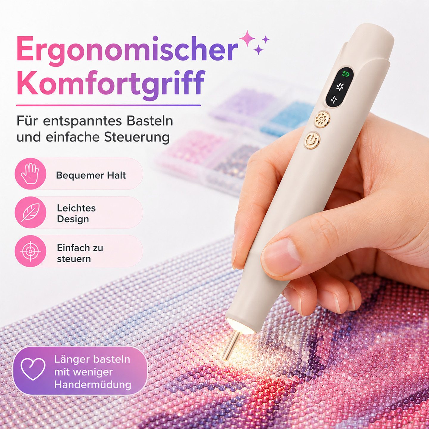 Cetipaw 3D-Drucker-Stift Elektrischer Diamond Painting Zubehör mit Beleuchtung, 7-H-Laufzeit, ein Tipp für alle Arten von Diamanten geeignet, Leiser Saugstift – Bild 5 von 5