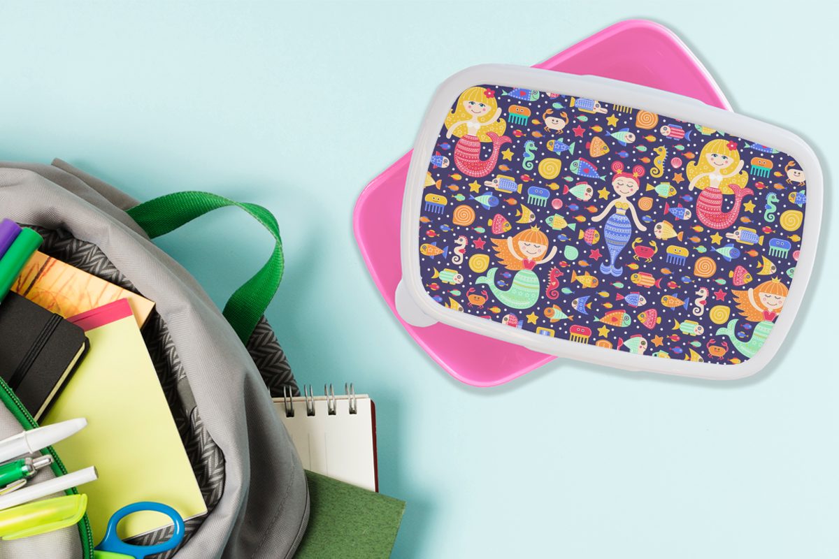 Muster, rosa Kunststoff, Brotbox (2-tlg), Kunststoff - Fisch Kinder, Meerjungfrau Erwachsene, Snackbox, MuchoWow Brotdose für Mädchen, Lunchbox -