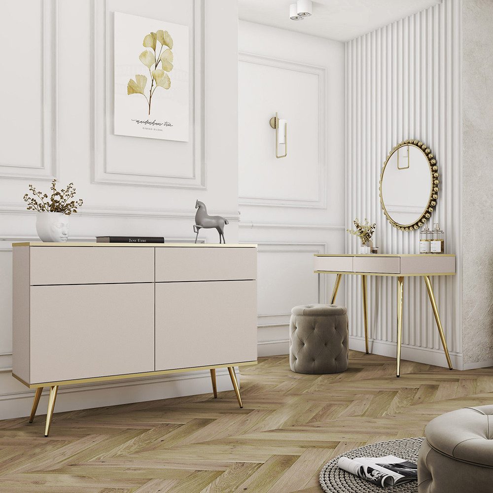 Lomadox Wohnzimmer-Set OLOVO-160, (Mega-Spar-Set, 2-St., 2-tlg), Beige, Metallbeine goldfarben, Push-to-open, goldene Highlights