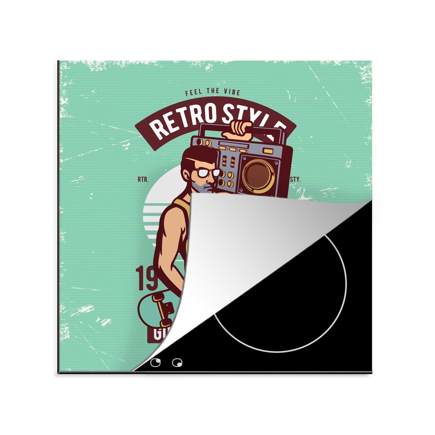 MuchoWow Herdblende-/Abdeckplatte Radio - Mann - Skateboard - Retro, Vinyl, (1 tlg), 78x78 cm, Ceranfeldabdeckung, Arbeitsplatte für küche