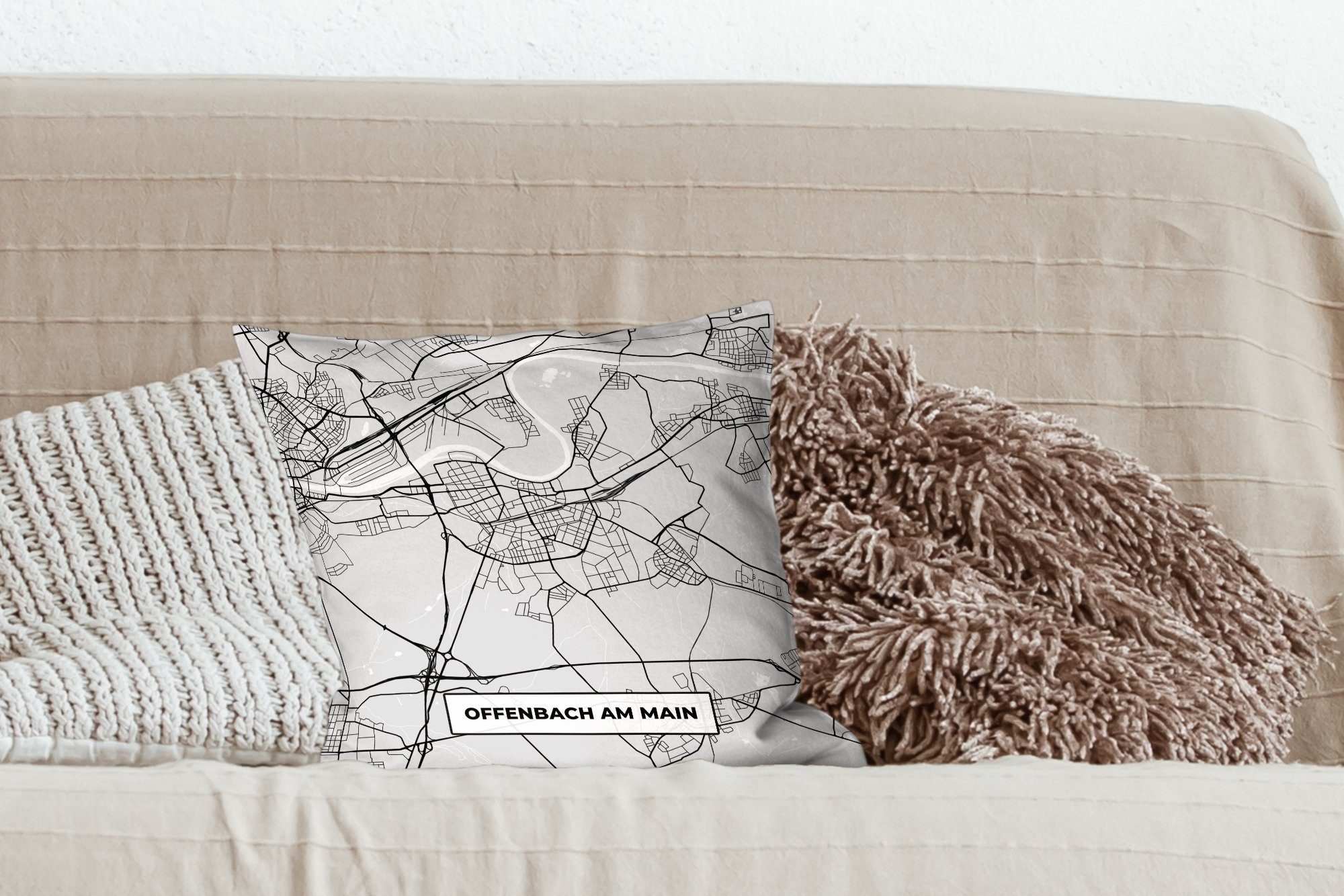 Schlafzimmer, Karte Füllung Dekokissen Stadtplan, - am Deutschland - Offenbach Main Deko, Zierkissen MuchoWow Karte - - für Wohzimmer, mit Sofakissen