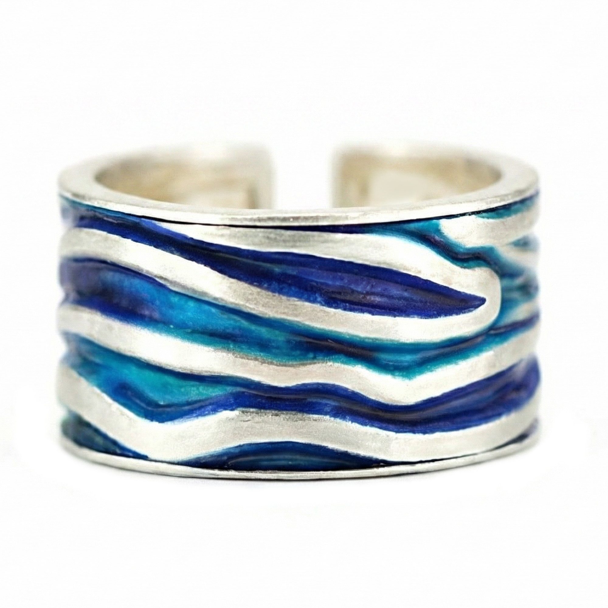 Villa Sorgenfrei Schmuckmanufaktur Silberring MEERES Ring. Sterling Silber Wellen Ring mit türkis blauer Emaille.