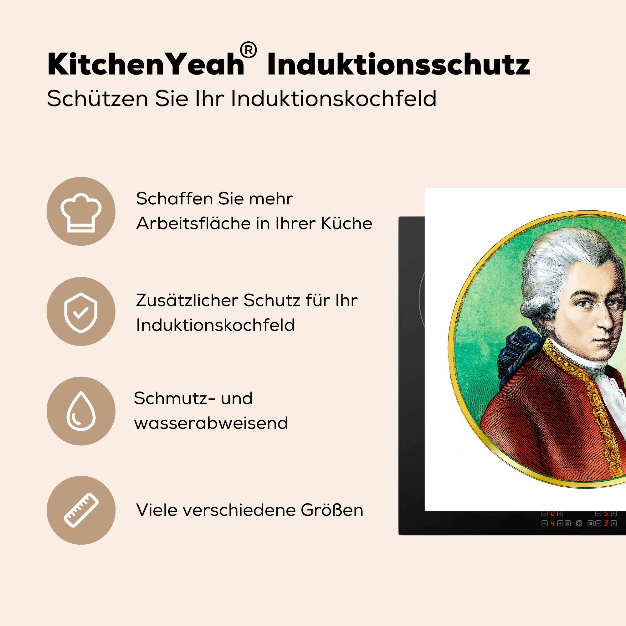 Amadeus Mozart, Ceranfeldabdeckung, Porträt von 78x78 für cm, MuchoWow Herdblende-/Abdeckplatte Wolfgang tlg), (1 Arbeitsplatte Farbenfrohes Vinyl, küche