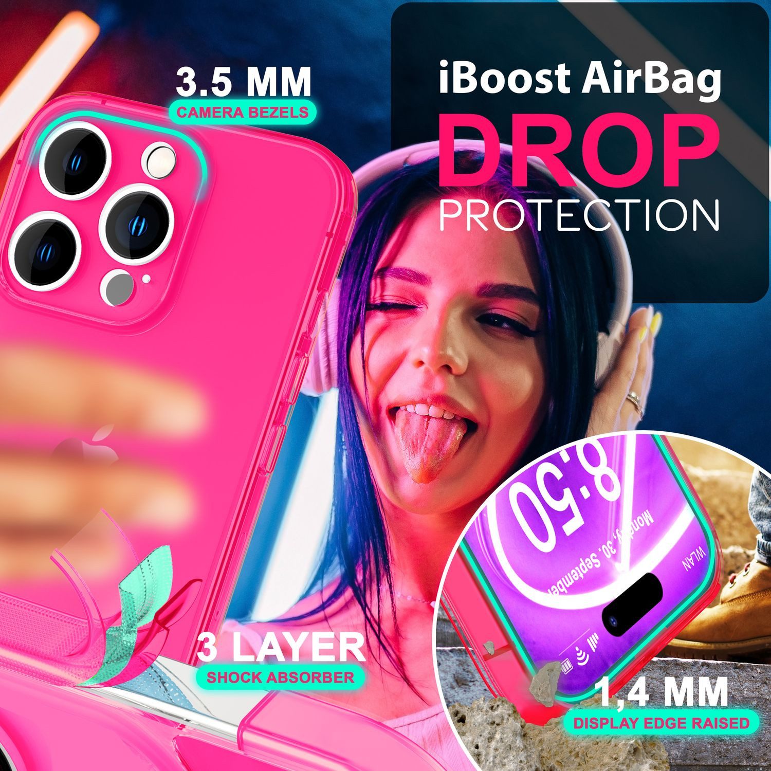 Nalia Smartphone-Hülle Apple iPhone 16 Pro 16 cm (6,3 Zoll), Klare Neon Silikon Hülle / Bunt / Durchsichtig Transparent / Slim Case