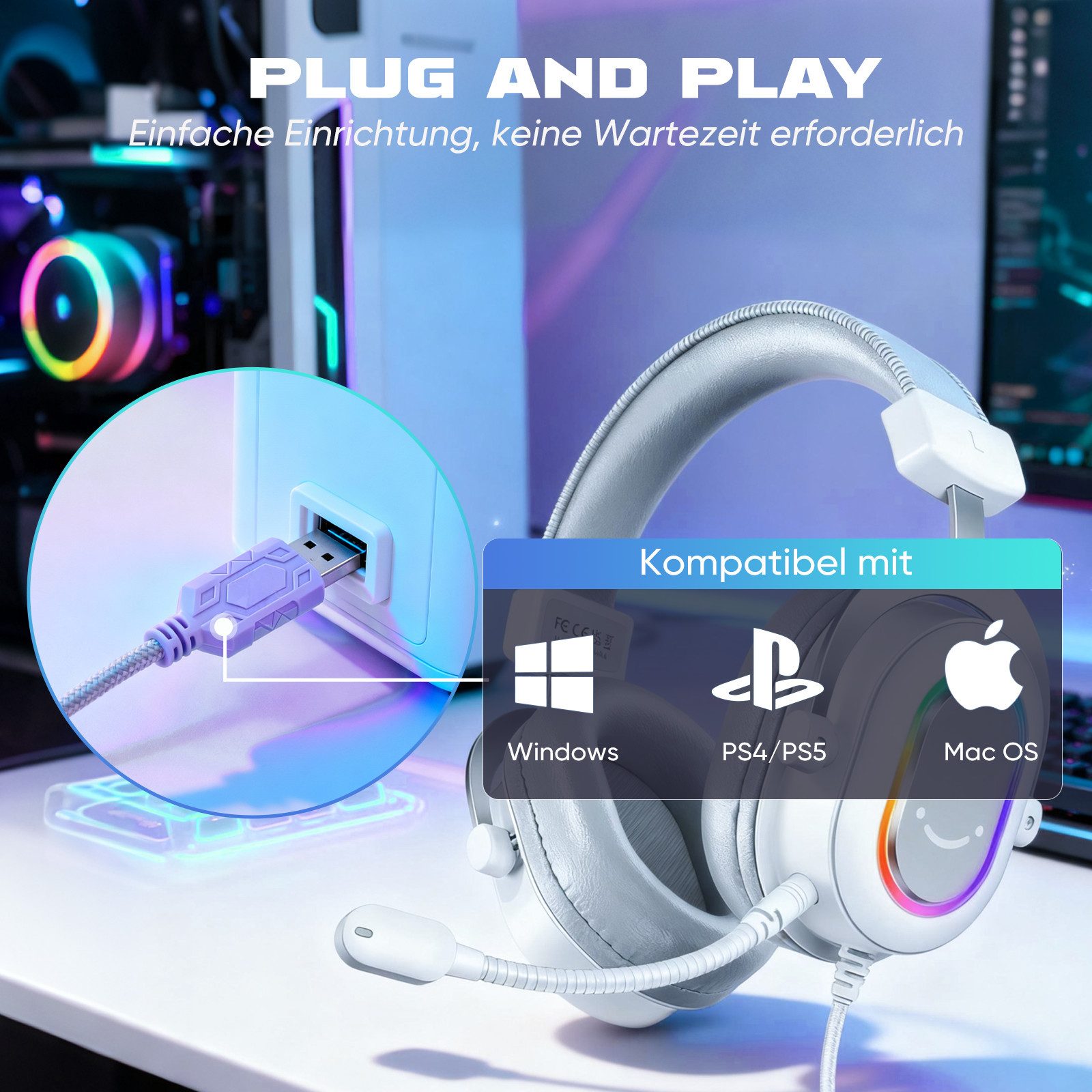 FIFINE Mikrofon Headset Gaming PC PS4 PS5 mit Mikrofon Over-Ear Kopfhörer mit Kabel, RGB-Design, 3 Sound-Modi, Surround-Sound und Ohrpolster