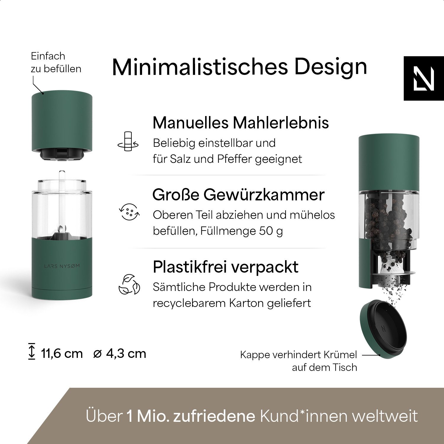 LARS NYSØM Gewürzmühle Sjæl manuelle Bedienung, (2 Stück), Edelstahl Gewürzmühlenset mit Keramikmahlwerk (Stufenlos) – Bild 4 von 5