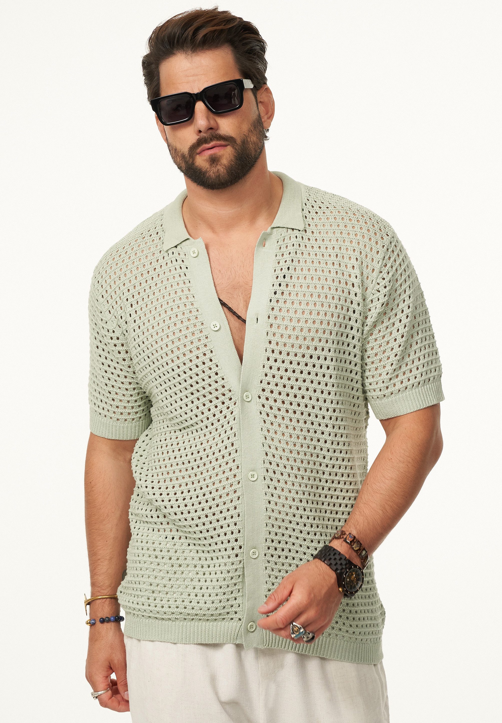 SOULSTAR Poloshirt im Crochet Vintage Summer-Look Herren Kurzarm Strick Polo-Hemd Cardigan T-Shirt