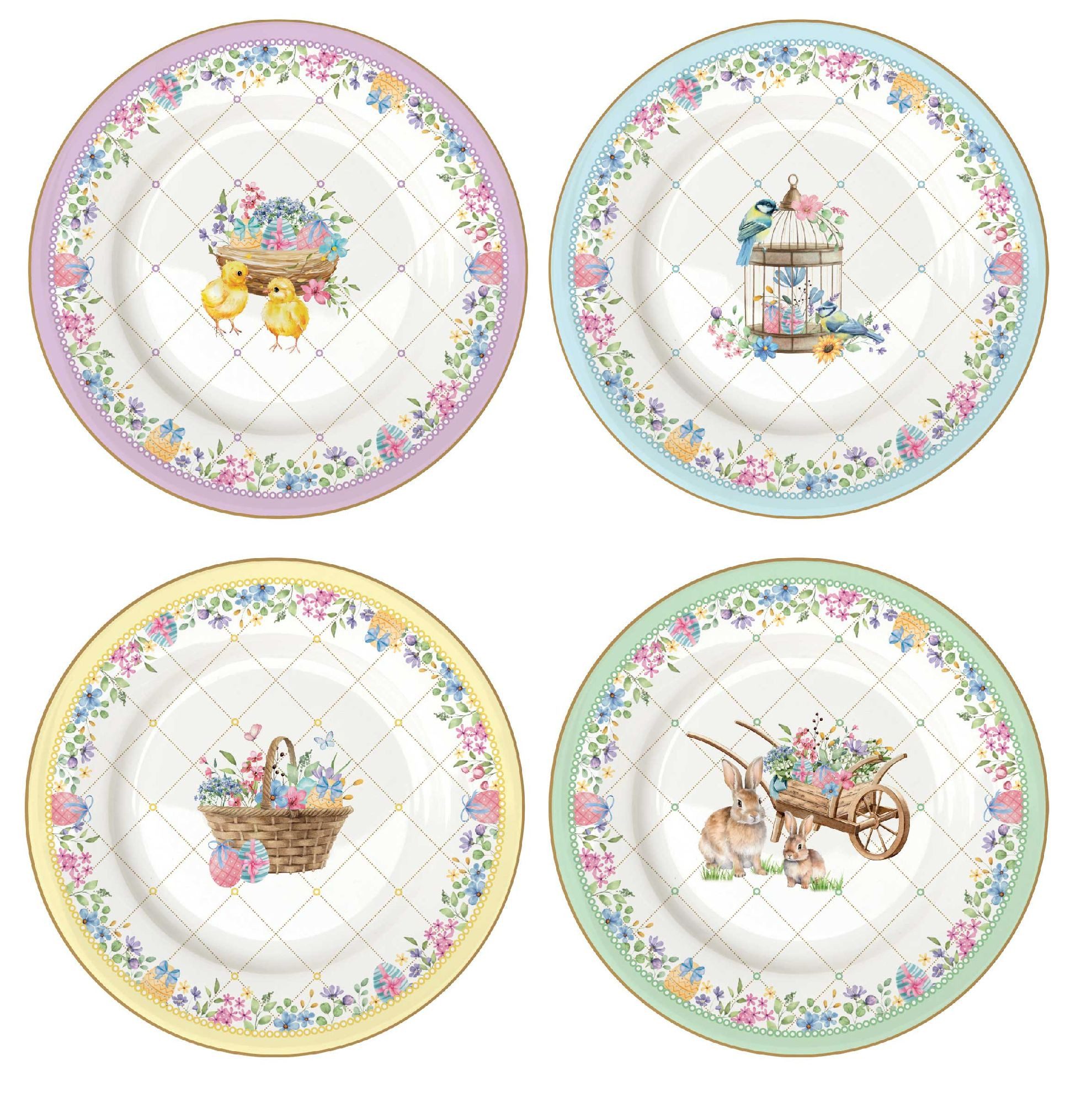 EasyLife Kuchenteller Spring Bloom, Spülmaschinengeeignet, Mehrfarbig, Hasen & Blumenkörbe, ⌀ 19cm