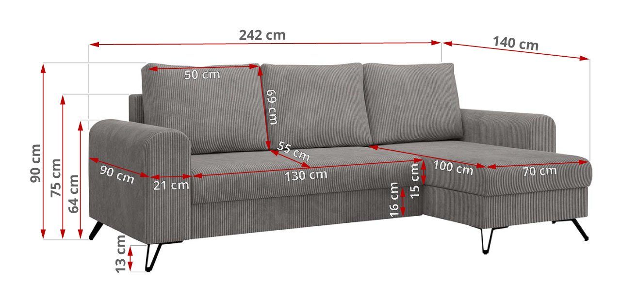 Modern Lincoln Bettfunktion, Ecksofa L-Form Ecksofa, mit Bettsofa, - Hellgrau Kissen lose MÖBEL MKS HUGO, Couch