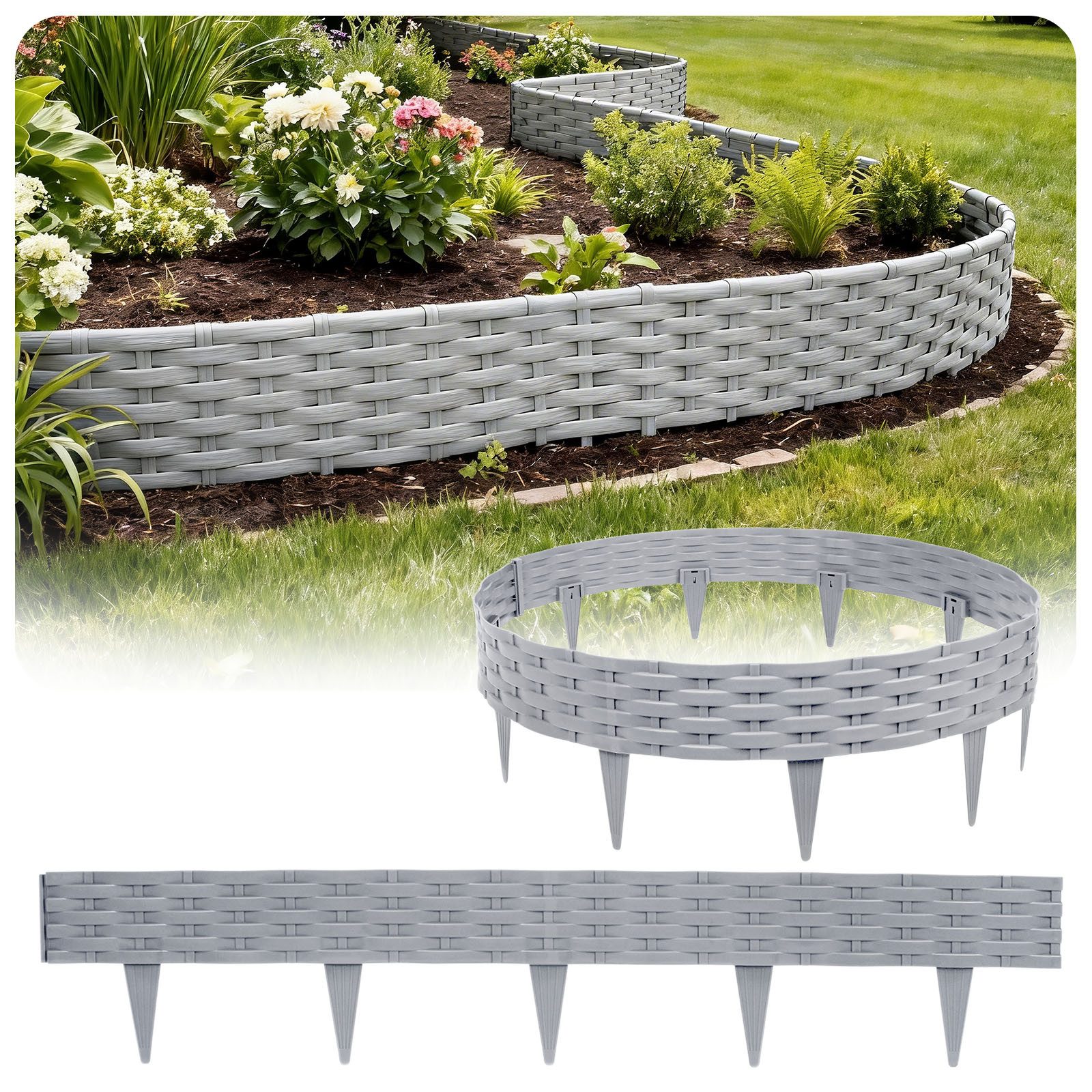 Huracan Beetumrandung Kunststoff Rasenkante Rattan-Optik, Beeteinfassung Beetumrandung Gartenpalisade, Wetterfeste UV-beständige Beetzaun Randsteine, Flexible Steckmontage für Blumenbeete Rasen Garten