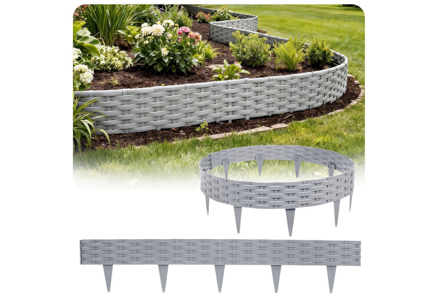 Huracan Beetumrandung Kunststoff Rasenkante Rattan-Optik, Beeteinfassung Beetumrandung Gartenpalisade, Wetterfeste UV-beständige Beetzaun Randsteine, Flexible Steckmontage für Blumenbeete Rasen Garten